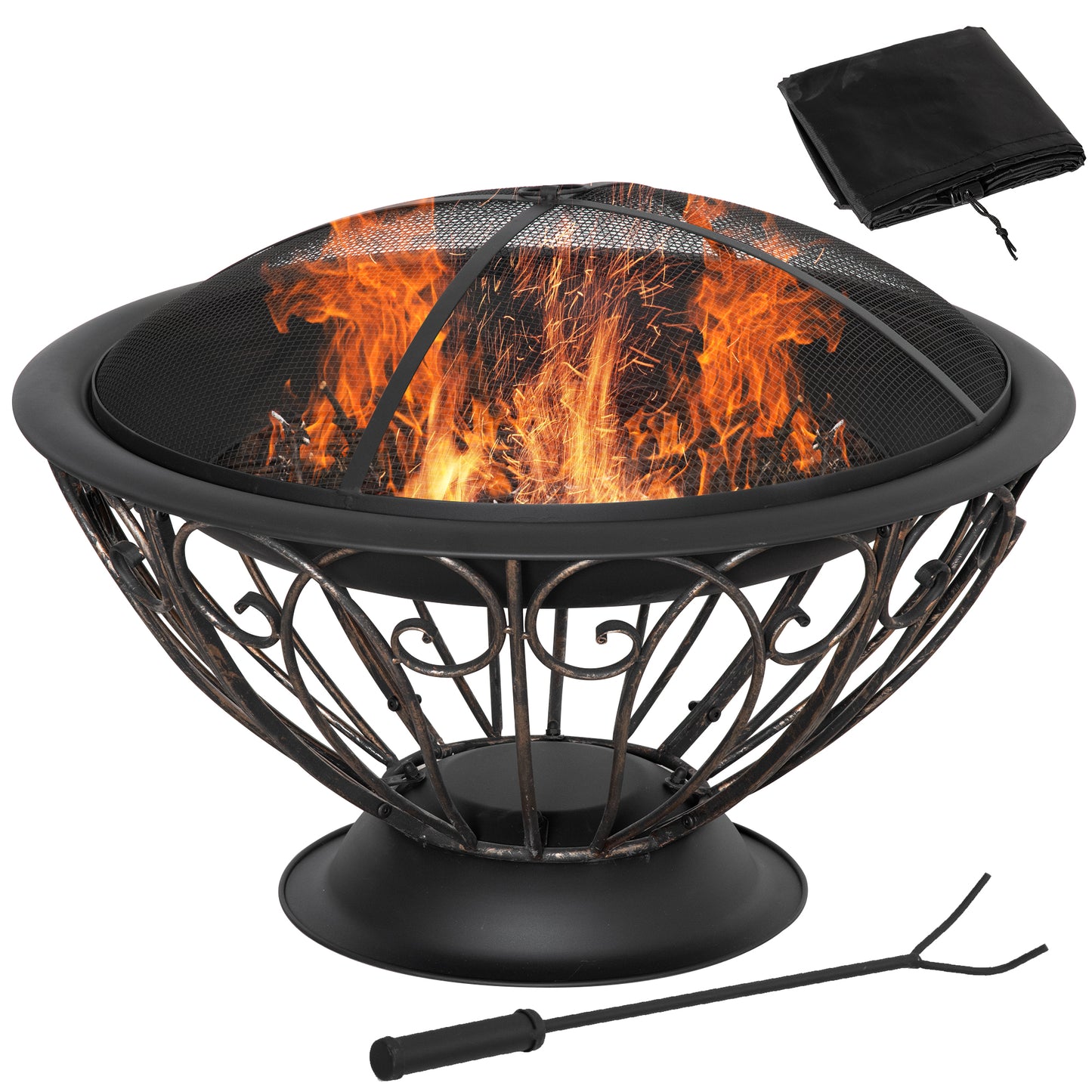 Outsunny Outdoor Fire Pit for Garden, Metal Fire Bowl Fireplace with Spark Screen, Poker, Log Grate and Rainproof Cover, Patio Heater, Bronze - OutdoorBox
