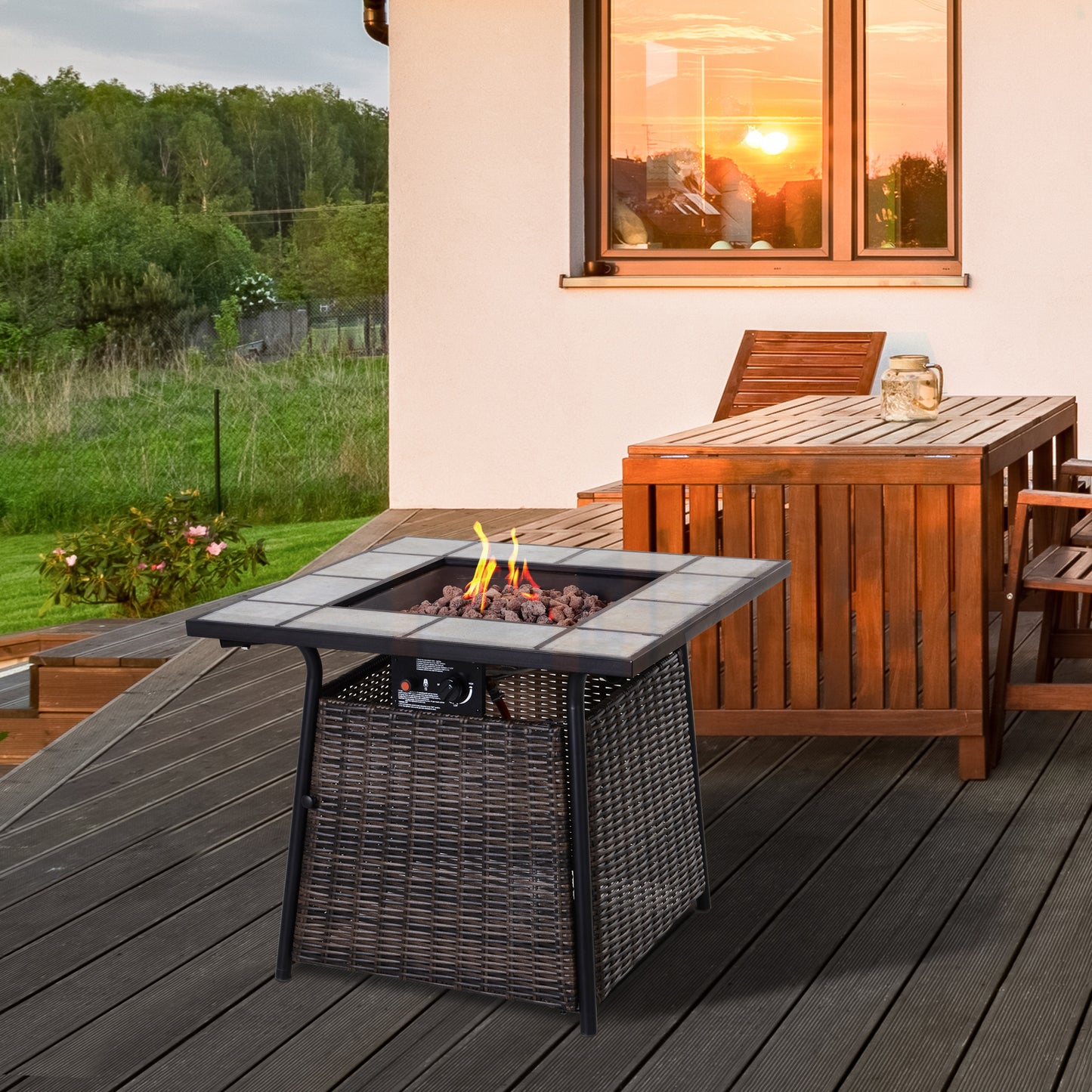Outsunny Wicker Gas Fire Pit W/Lid 80Lx80Wx69H cm-Brown /Black