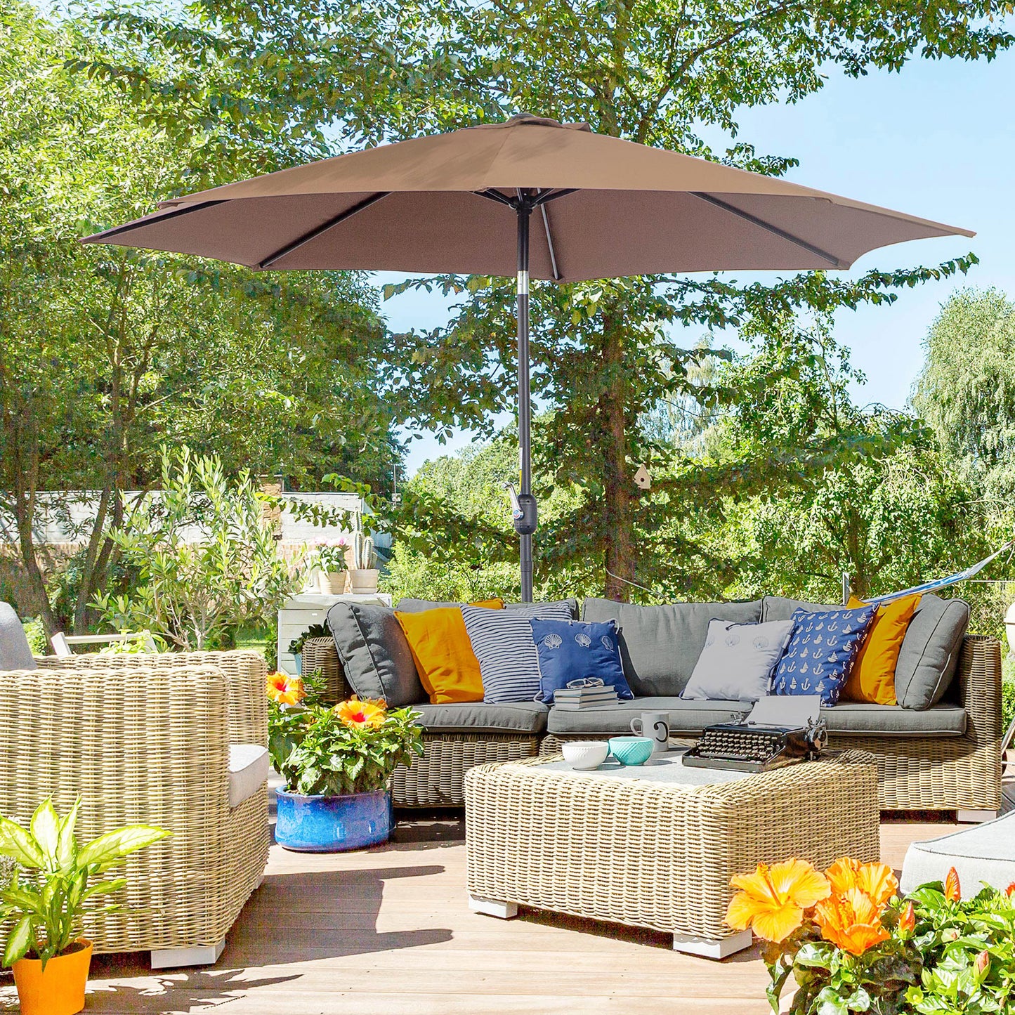 Outsunny Steel Frame Round Market Patio Sun Umbrella Garden Parasol Outdoor Sunshade Canopy, 3x2.45m (Coffee) - OutdoorBox