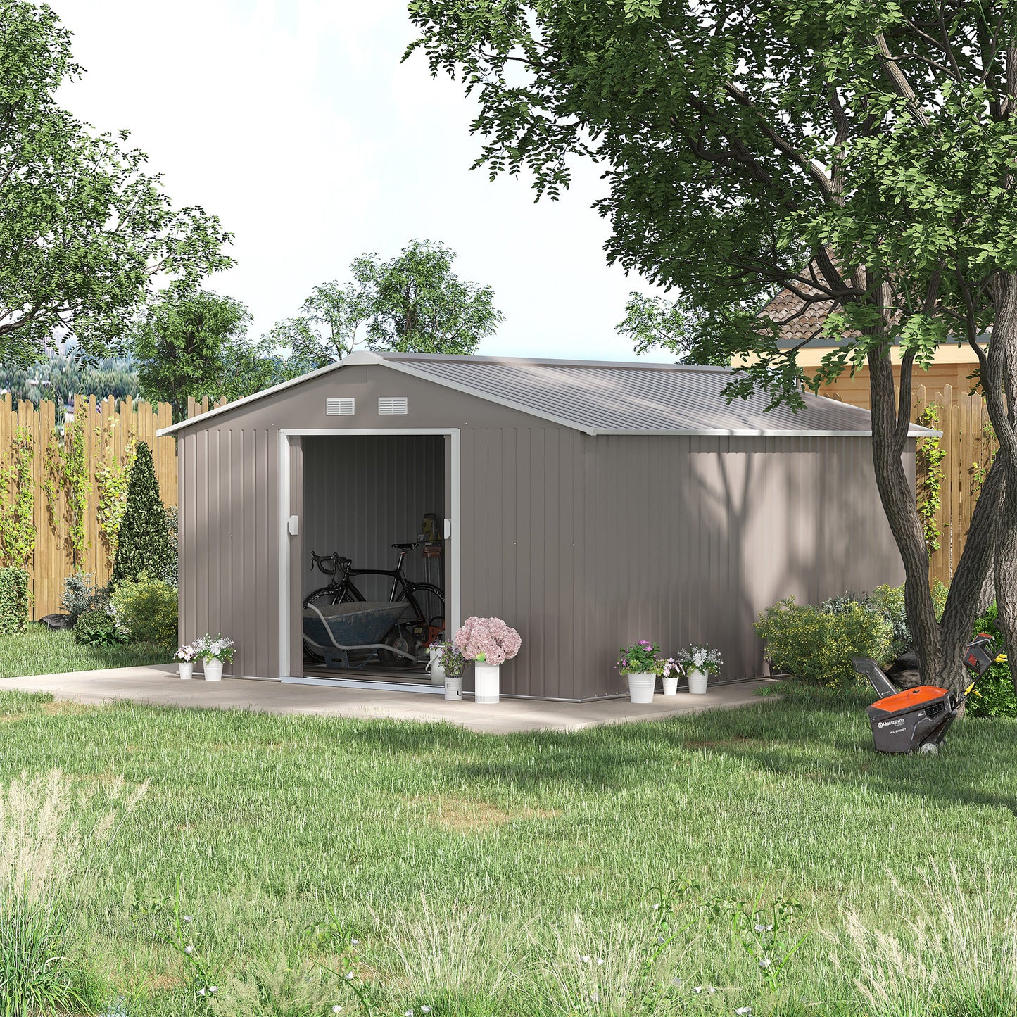 Outsunny 13 x 11ft Garden Metal Storage Shed Outdoor Storage Shed with Foundation Ventilation & Doors, Light Grey - OutdoorBox