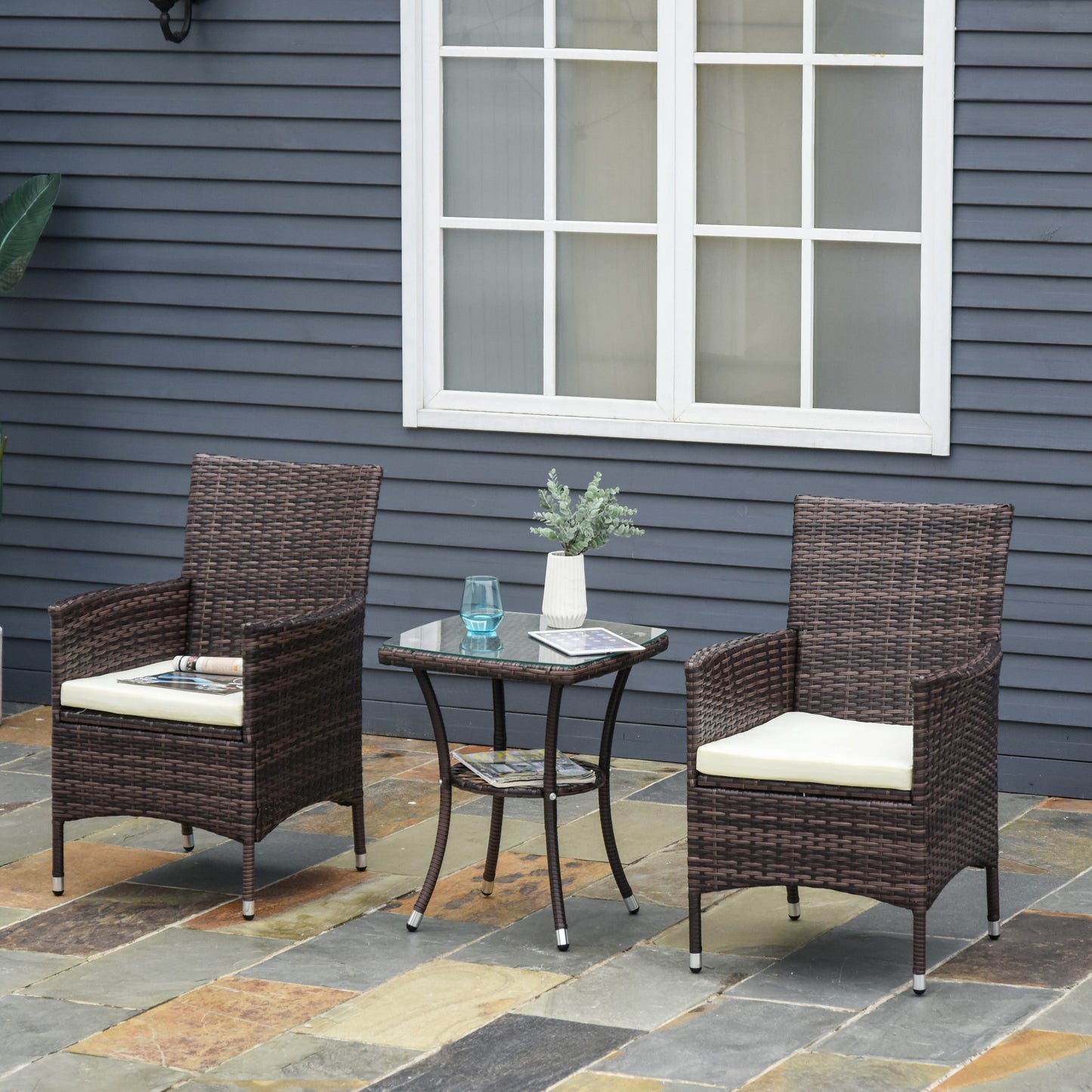 Outsunny Garden Outdoor Rattan Furniture Bistro Set 3 PCs Patio Weave Companion Chair Table Set Conservatory (Brown) - OutdoorBox