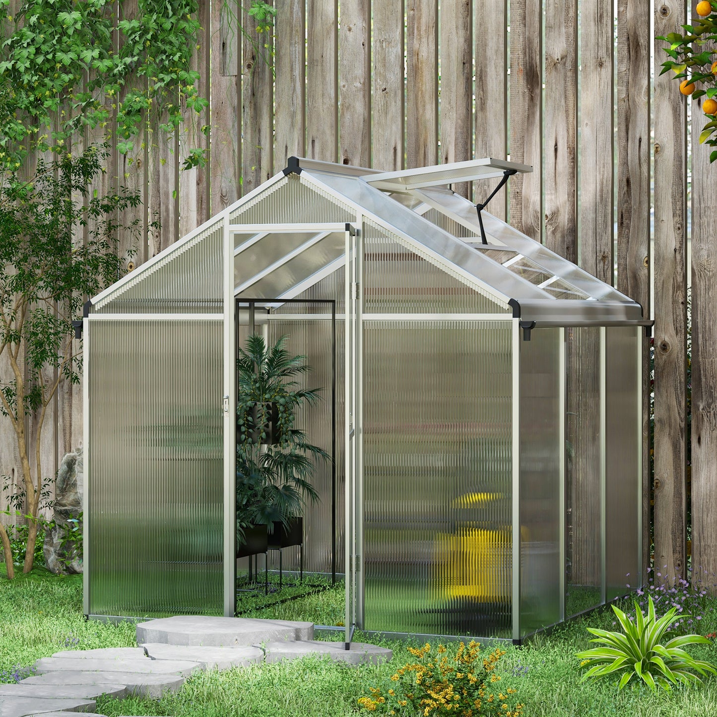 Outsunny 6 x 6ft Polycarbonate Greenhouse with Rain Gutters, Large Walk-In Green House with Door and Window, Garden Plants Grow House with Aluminium Frame and Foundation - OutdoorBox