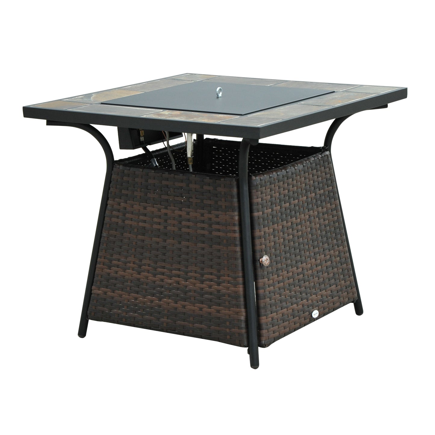 Outsunny Wicker Gas Fire Pit W/Lid 80Lx80Wx69H cm-Brown /Black