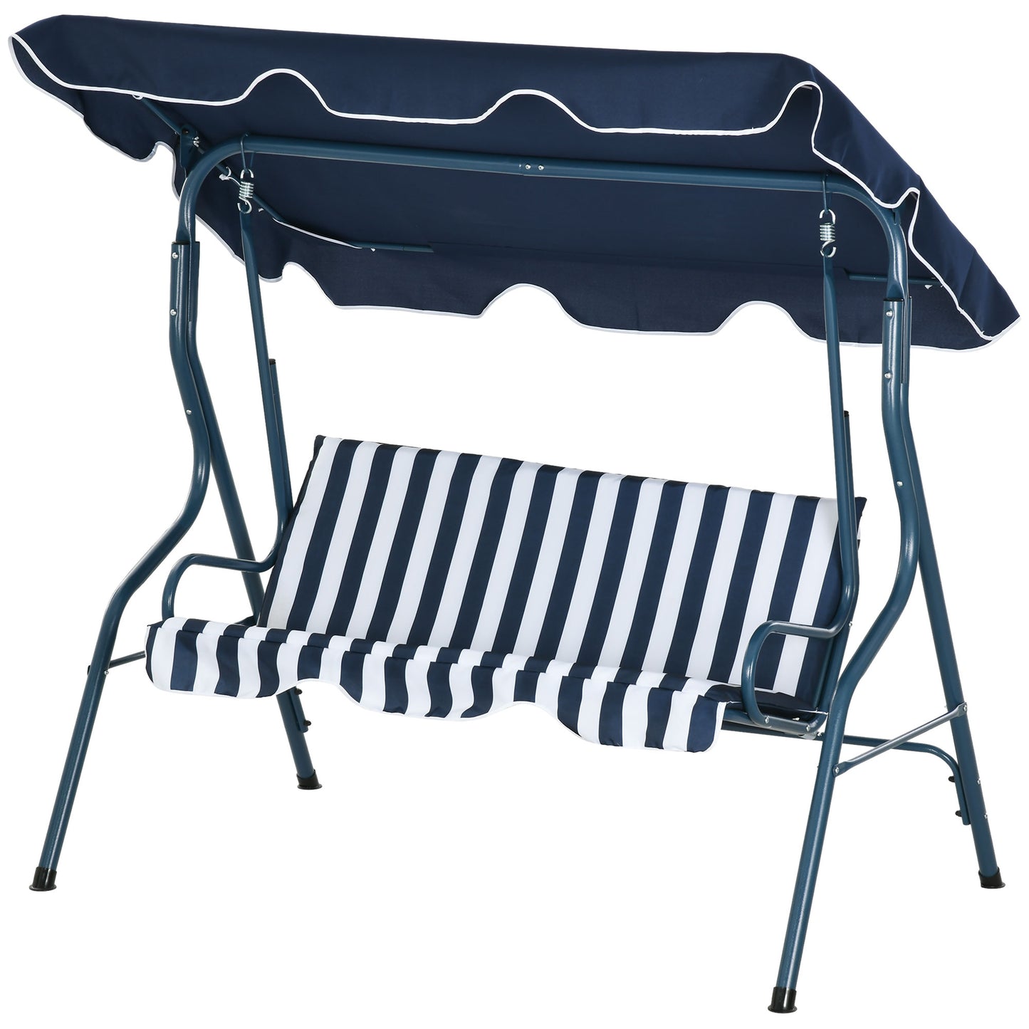 Outsunny 3 Seater Garden Swing Seat Chair Outdoor Bench with Adjustable Canopy and Metal Frame, Blue Stripes - OutdoorBox