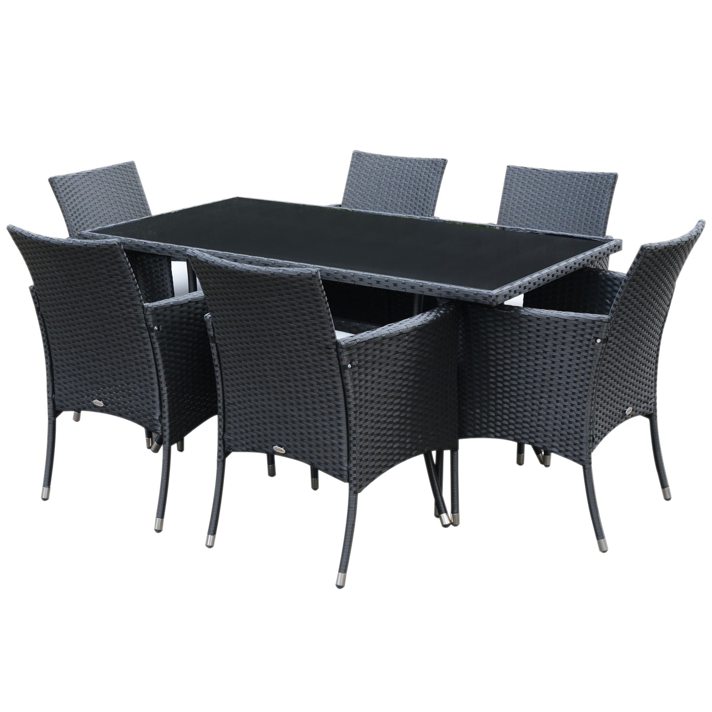 Outsunny 6-Seater Rattan Dining Set Garden Furniture Patio Rectangular Table Cube Chairs Outdoor Fire Retardant Sponge Black - OutdoorBox