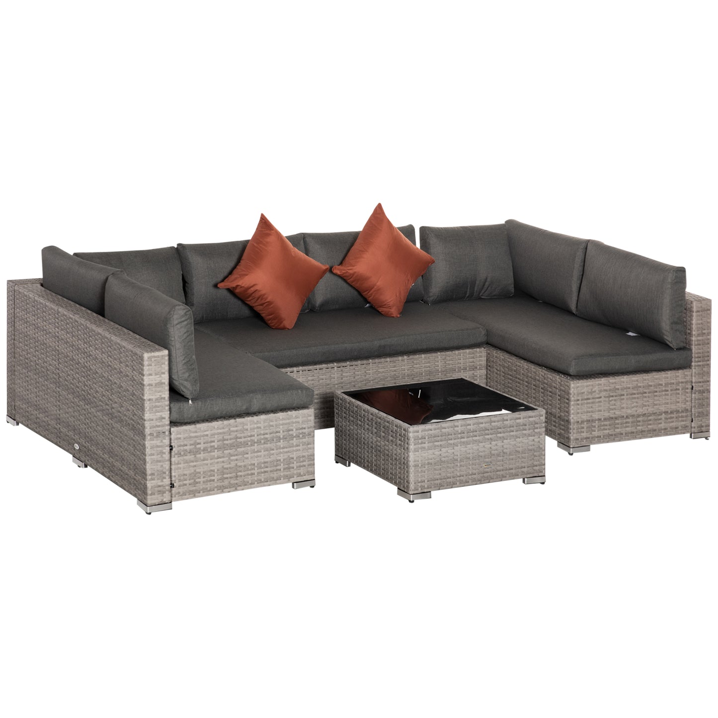 Outsunny 6-Seater Garden Rattan Furniture PE Rattan Sofa Set, Outdoor All Weather Conservatory Furniture, w/ Tempered Glass Coffee Table, Deep Grey - OutdoorBox