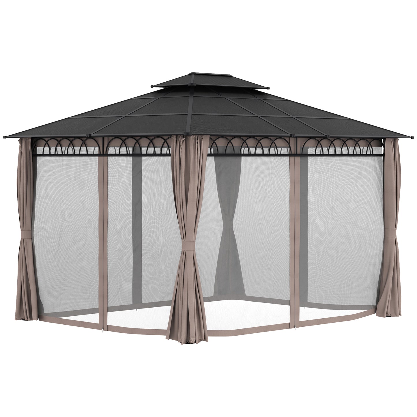 Outsunny 3.6 x 3 (m) Outdoor Polycarbonate Gazebo, Double�Roof Hard Top Gazebo with Nettings�&�Curtains for Garden, Lawn, Patio - OutdoorBox