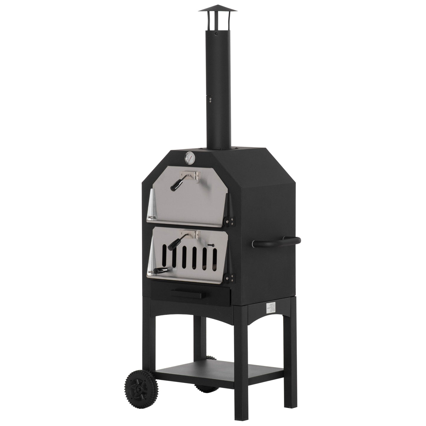 Outsunny Outdoor Garden Pizza Oven Charcoal BBQ Grill 3-Tier Freestanding w/Chimney, Mesh Shelf, Thermometer Handles, Wheels Garden Party Gathering - OutdoorBox