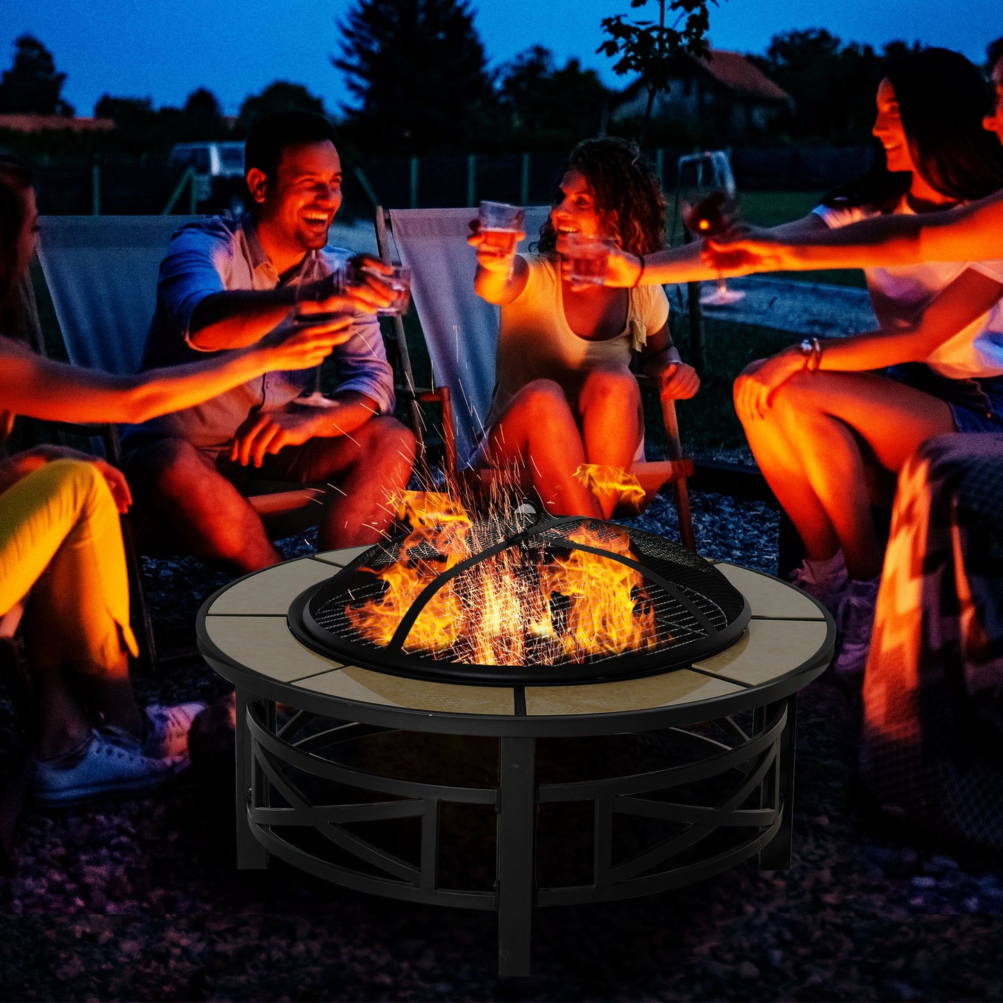 Outsunny Metal Large Fire Pit, Outdoor Firepit Bowl with Grill, Spark Screen Cover, Fire Poker for Garden, Bonfire, Patio, 84 x 84 x 52cm, Black - OutdoorBox