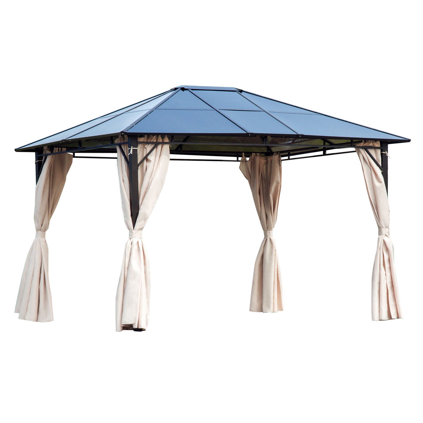Outsunny 3.6 x 3(m) Hardtop Gazebo Canopy with Polycarbonate Roof Garden Pavilion with Removable Curtains and Steel Frame, Brown - OutdoorBox
