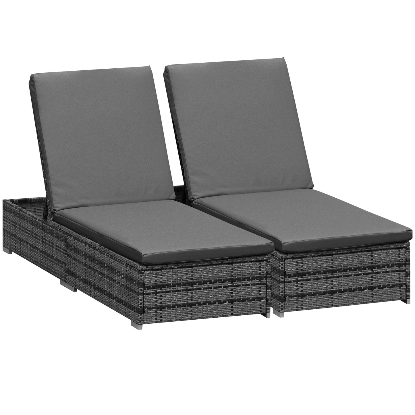 Outsunny PE Rattan Sun Loungers set of 2 with Cushion, Outdoor 2 Pieces Garden Sunbed Furniture with 4-Level Recliner Backrest, and Armrest, Grey - OutdoorBox