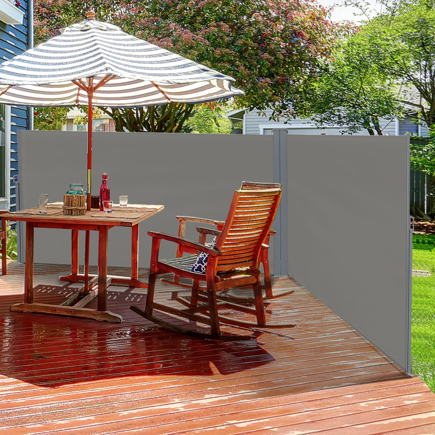 Outsunny Patio Retractable Double Side Awning Folding Privacy Screen Fence Privacy Wall Corner Divider Sun Shade Wind Screen Indoor Room Divider-Grey - OutdoorBox