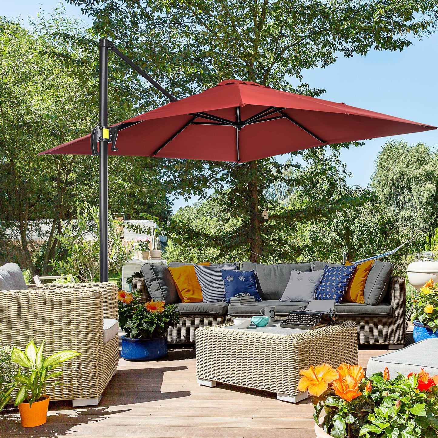 Outsunny 2.5x2.5m Patio Offset Parasol Umbrella Cantilever Hanging Aluminium Sun Shade Canopy Shelter 360�Rotation w/Crank Handle Cross Base Wine Red