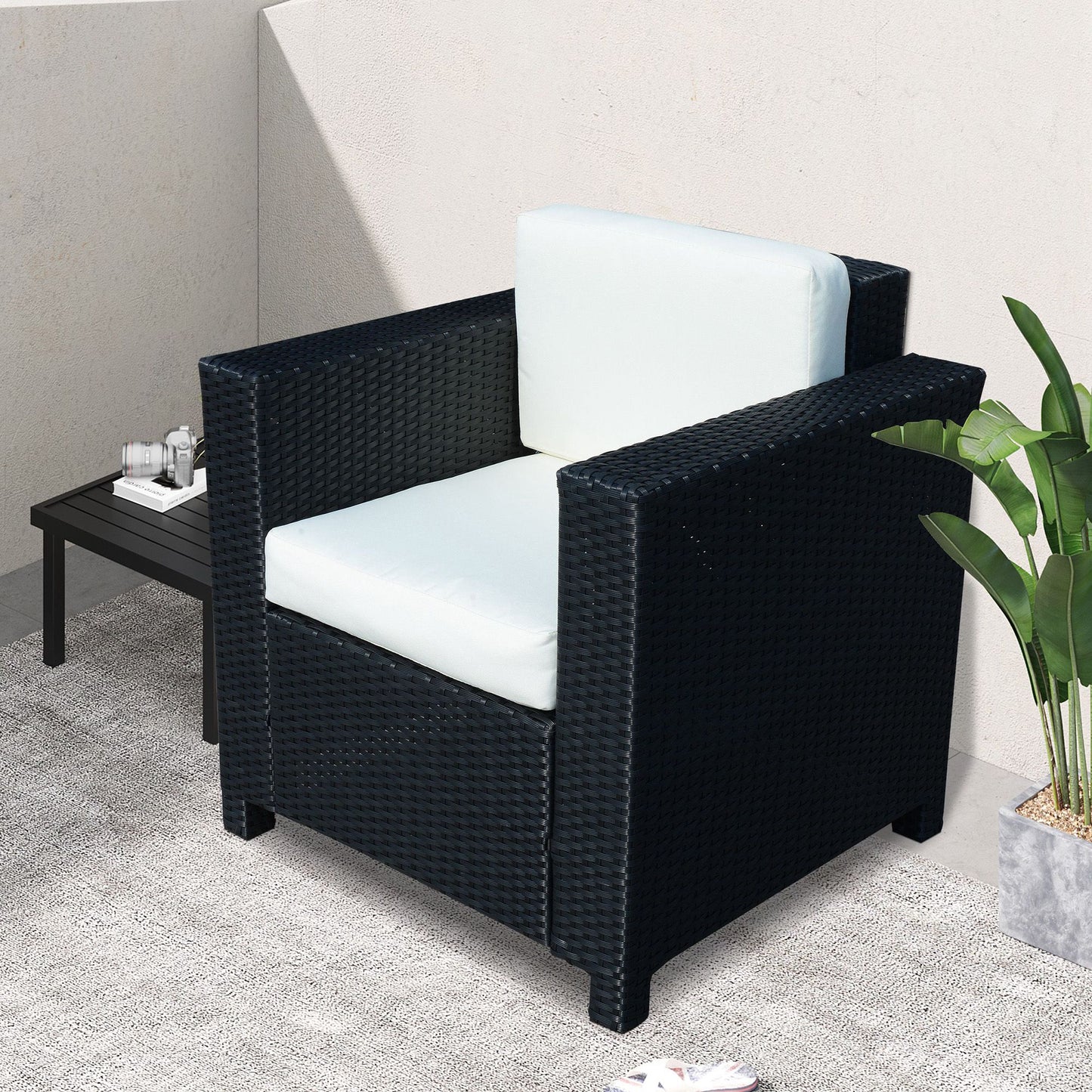 Outsunny 1 Seater Rattan Garden All-Weather Wicker Weave Single Sofa Armchair with Fire Resistant Cushion - Black - OutdoorBox