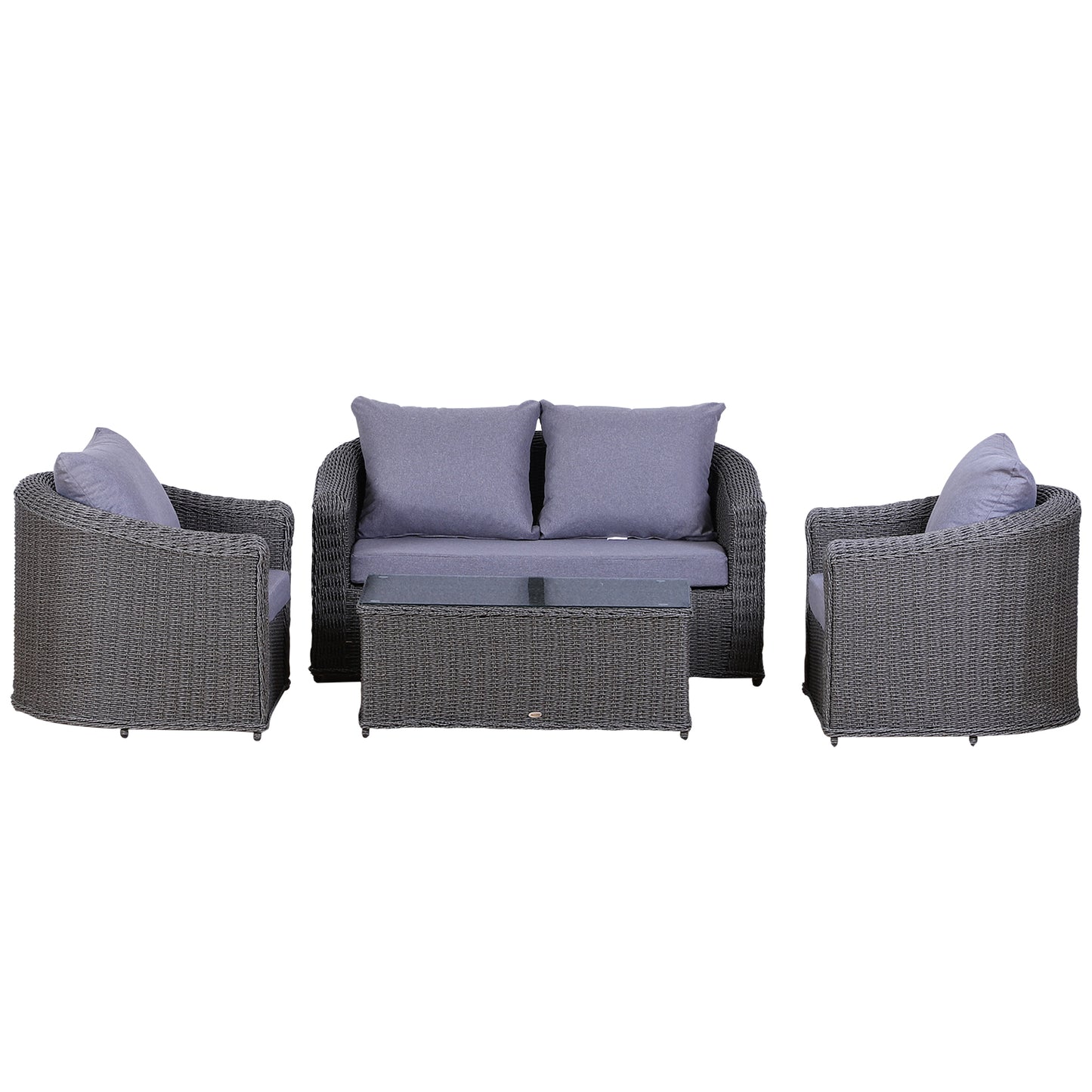 Outsunny Rattan Garden Furniture Set 4-seater Sofa Set Coffee Table Single Chair Bench Aluminium Frame Fully-assembly, Grey - OutdoorBox