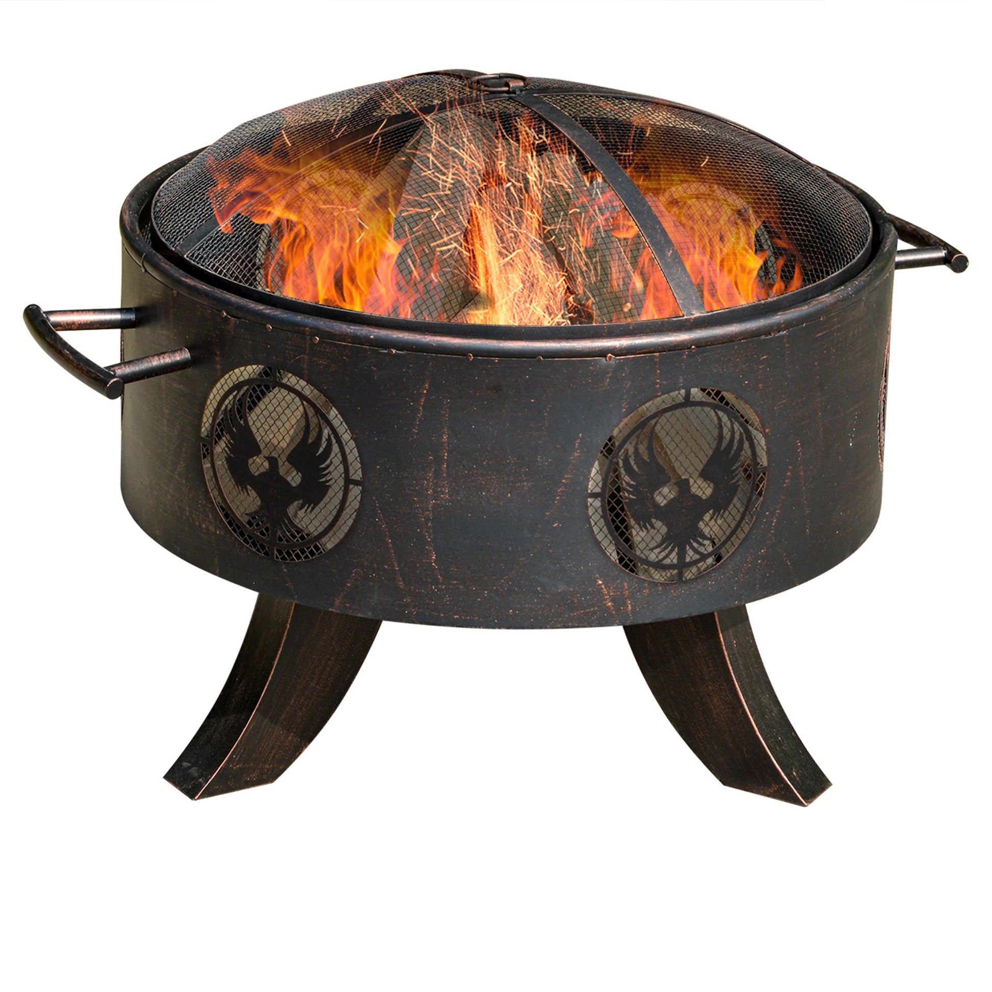 Outsunny Outdoor Fire Pit Patio Heater Charcoal Log Wood Burner with Screen Cover, Fire Bowl with Poker for Backyard, Bronze Tone - OutdoorBox