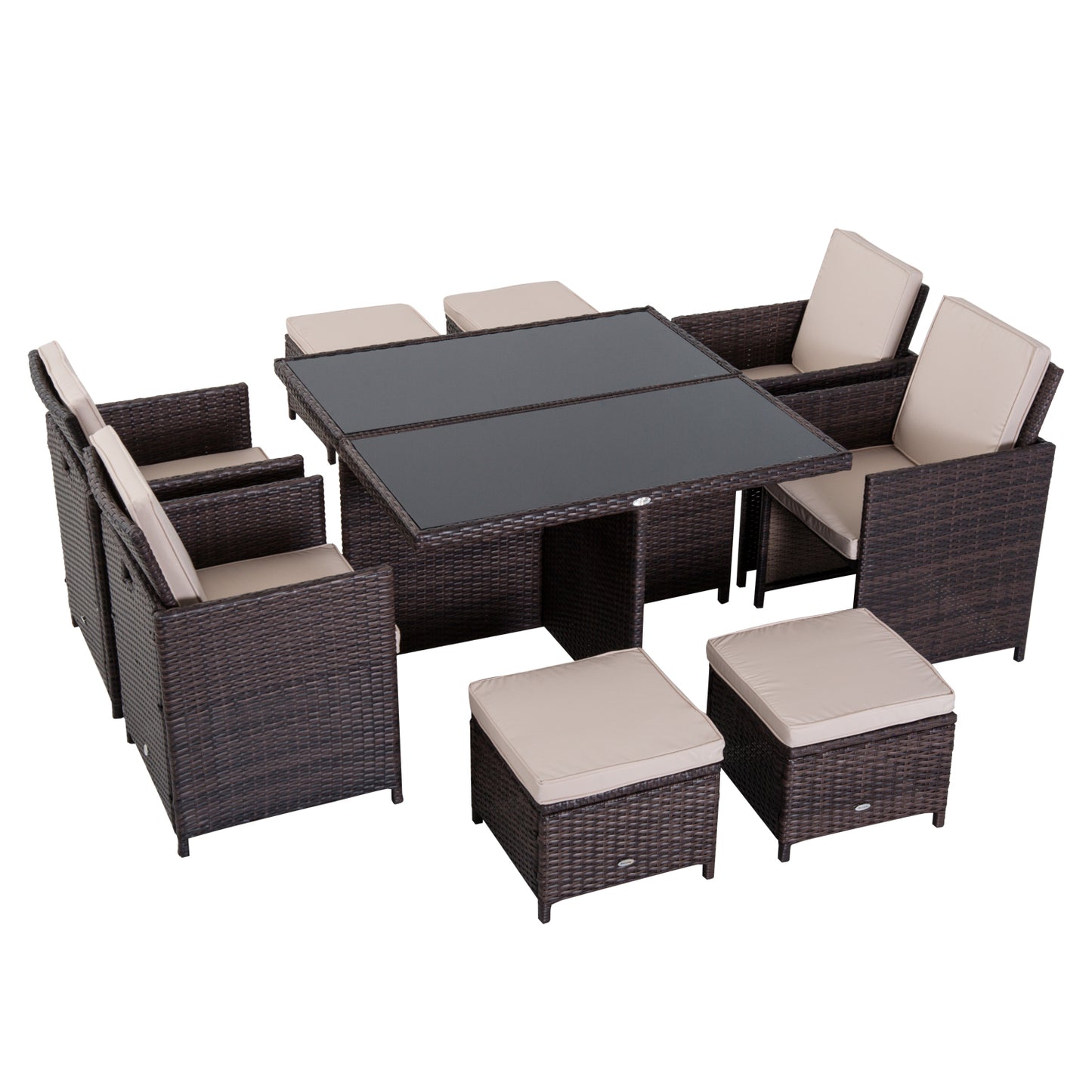 Outsunny 9PC Rattan Garden Furniture Set 8-seater Wicker Outdoor Dining Set Chairs + Footrest + Table Thick Cushion - Brown - OutdoorBox