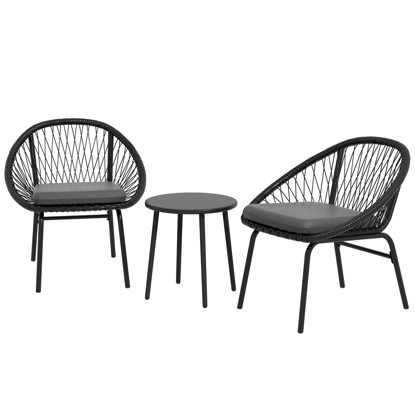 Outsunny 3 Piece Garden Furniture Set with Cushions, Round PE Rattan Bistro Set w/ 2 Armchairs & Metal Plate Coffee Table Conversation Furniture Sets, Black