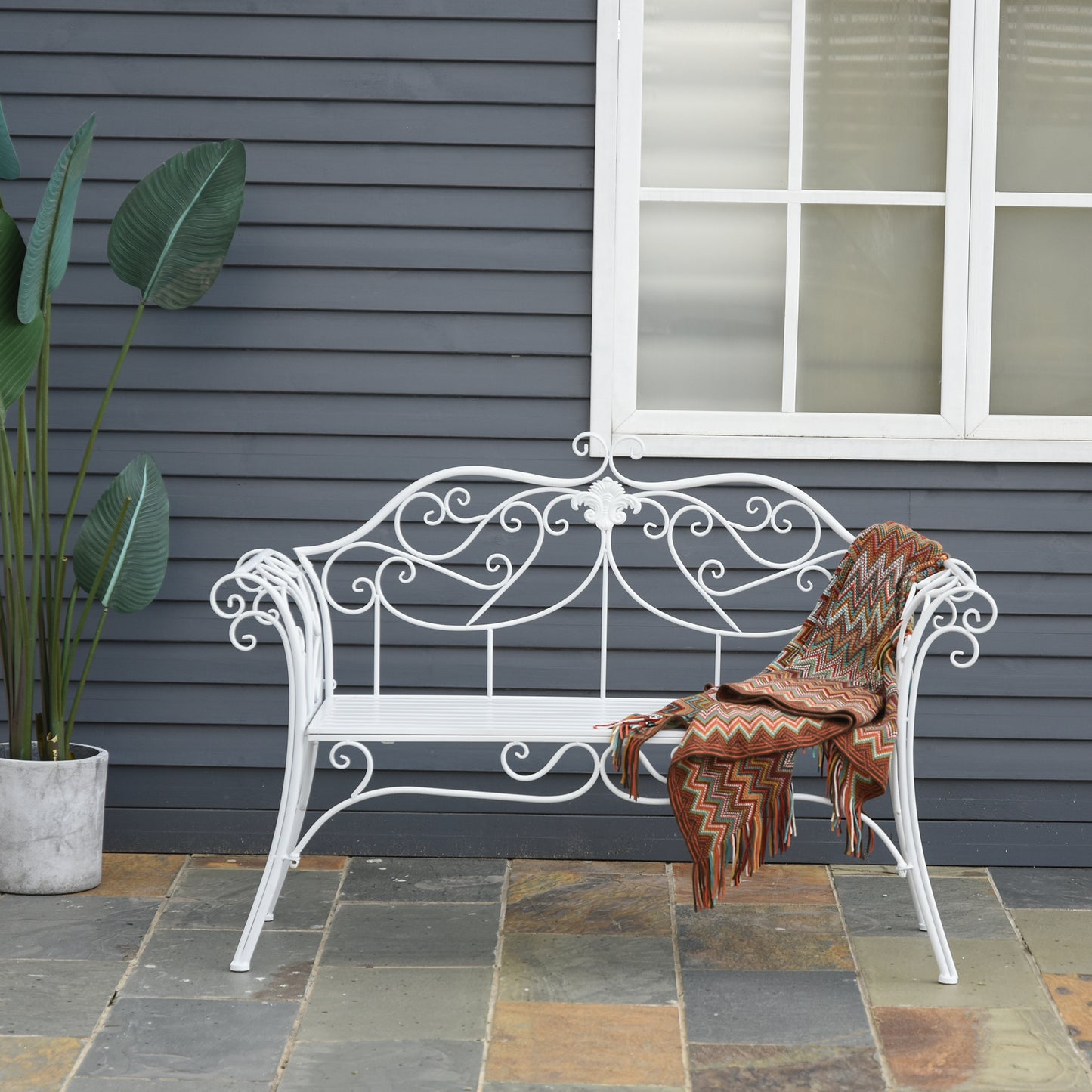 Outsunny Bench Garden Chair Outdoor Indoor Patio 2 Seater Loveseat Metal Furniture White - OutdoorBox