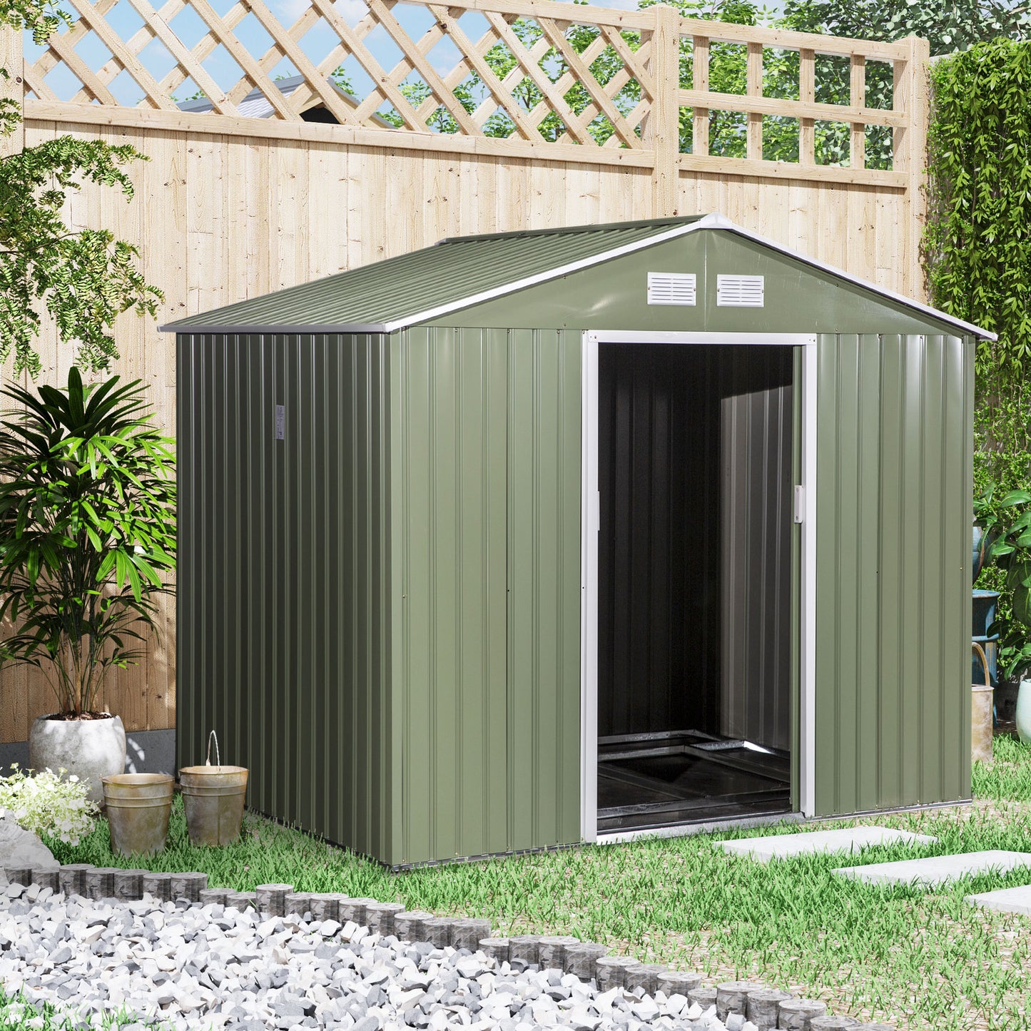 Outsunny 9 x 6 ft Metal Garden Storage Shed Corrugated Steel Roofed Tool Box with Foundation Ventilation and Doors, Light Green - OutdoorBox