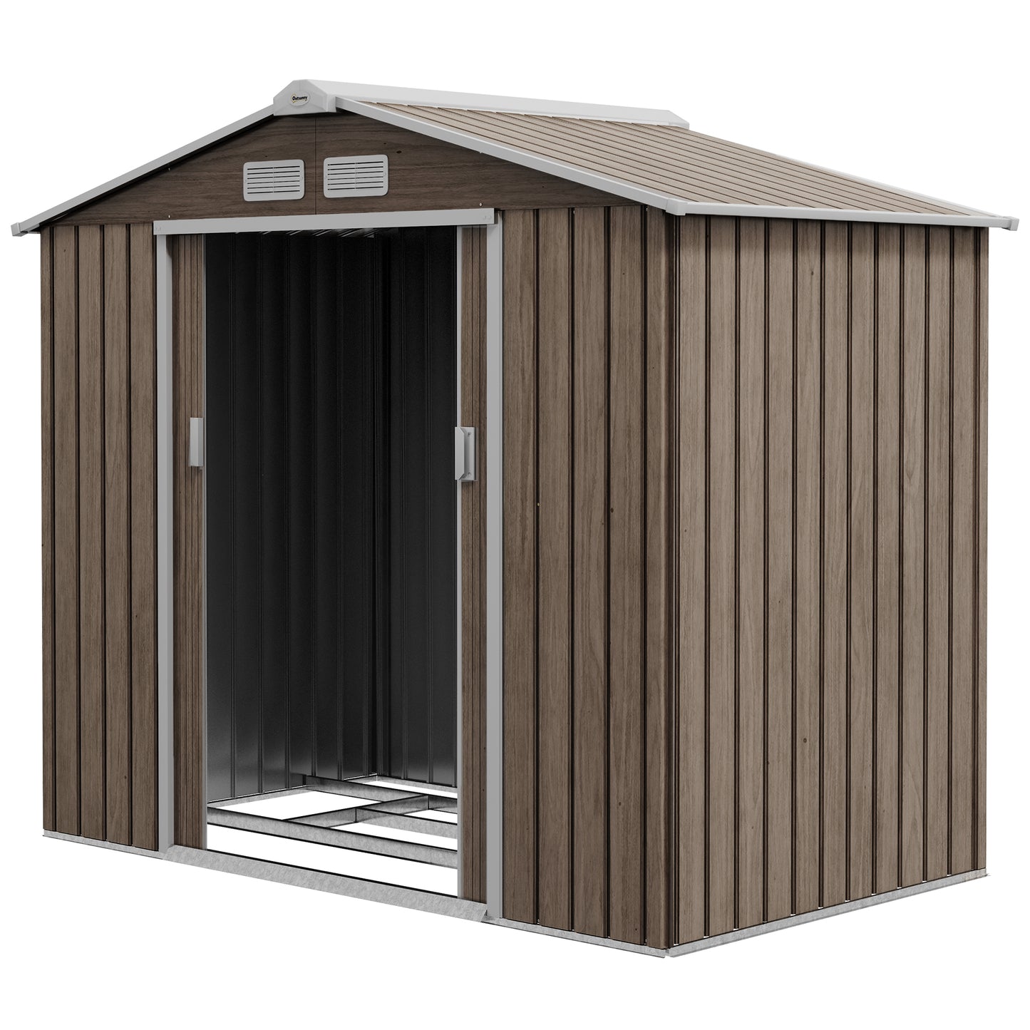 Outsunny 7 x 4ft Metal Garden Storage Shed with Vents, Floor Foundation and Lockable Double Doors, Brown - OutdoorBox