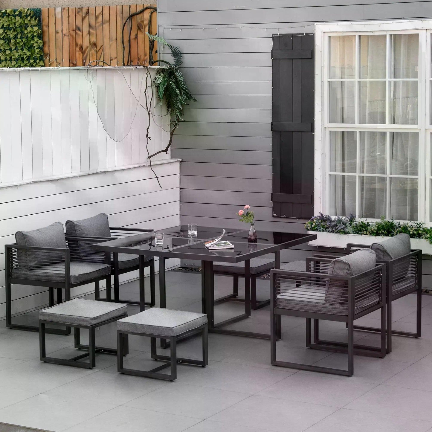 Outsunny 8 Seater Garden Dining Cube Set Aluminium Outdoor Furniture Set Dining Table, 4 Chairs and 4 Footstools with Cushion, Grey