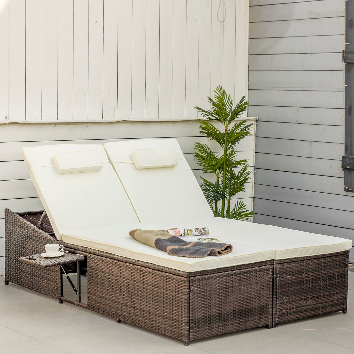 Outsunny 2 Seater Adjustable Double Rattan W/Tray-Brown/Cream-White