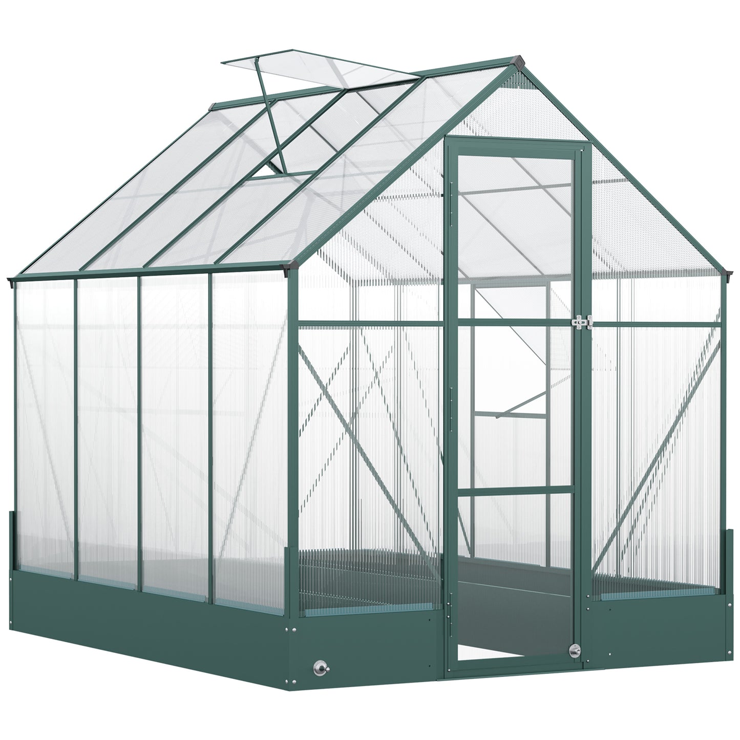 Outsunny Garden Walk-in Aluminium Greenhouse Polycarbonate with Plant Bed ,Temperature Controlled Window, Foundation, 6 x 8ft - OutdoorBox