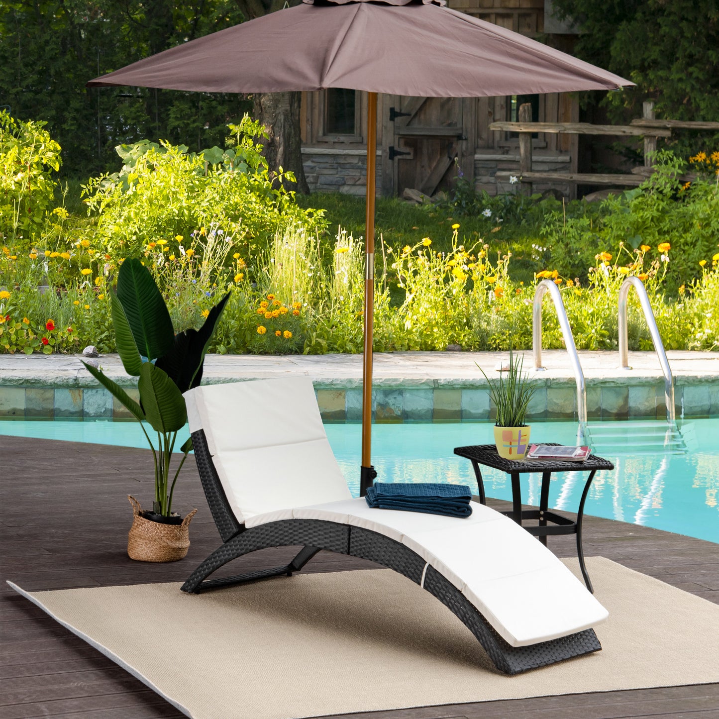 Outsunny Garden Patio Rattan Wicker Folding Sun Lounger Recliner Bed Chair with Cushion for Outdoor, Black - OutdoorBox