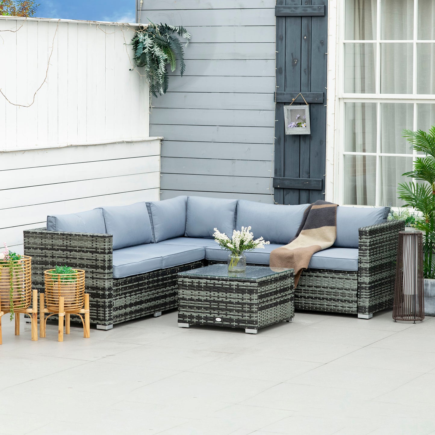 Outsunny 5-Seater Rattan Garden Furniture Sets Wicker Patio Conservatory Dining Set w/Corner Sofa Loveseat Coffee Table Cushions, Grey - OutdoorBox