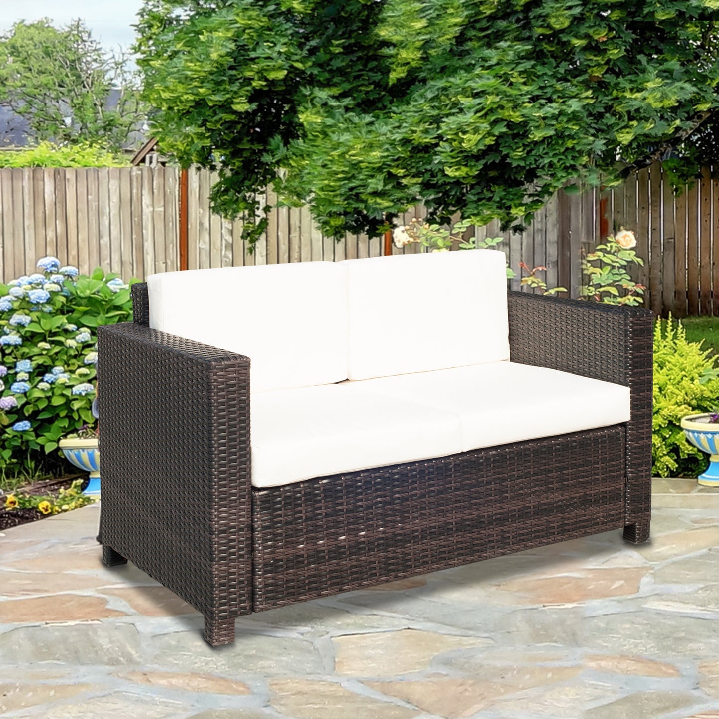 Outsunny Garden Rattan Sofa 2 Seater Outdoor Garden Wicker Weave Furniture Patio 2-Seater Double Couch Loveseat Brown - OutdoorBox