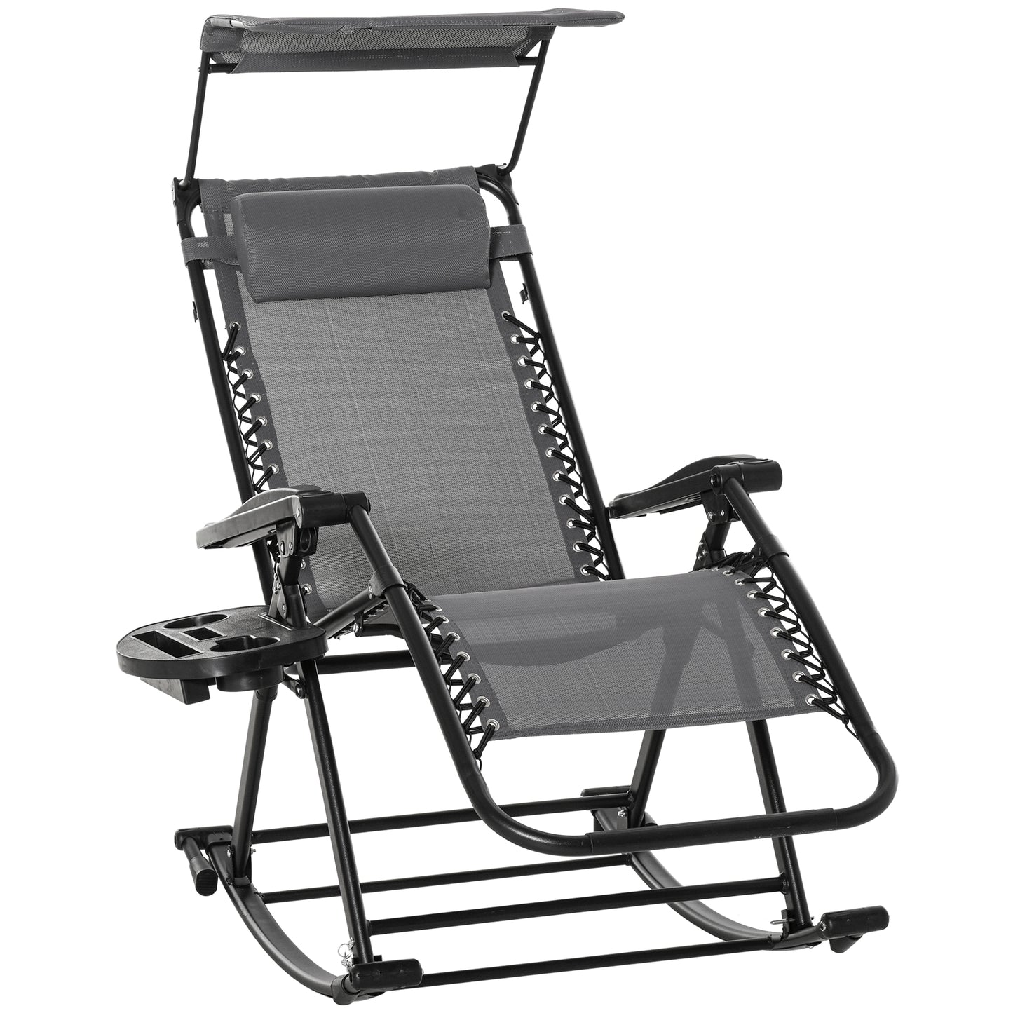 Outsunny Garden Rocking Chair Folding Recliner Outdoor Adjustable Sun Lounger Rocker Zero-Gravity Seat with Headrest Side Holder Patio Deck - Grey - OutdoorBox