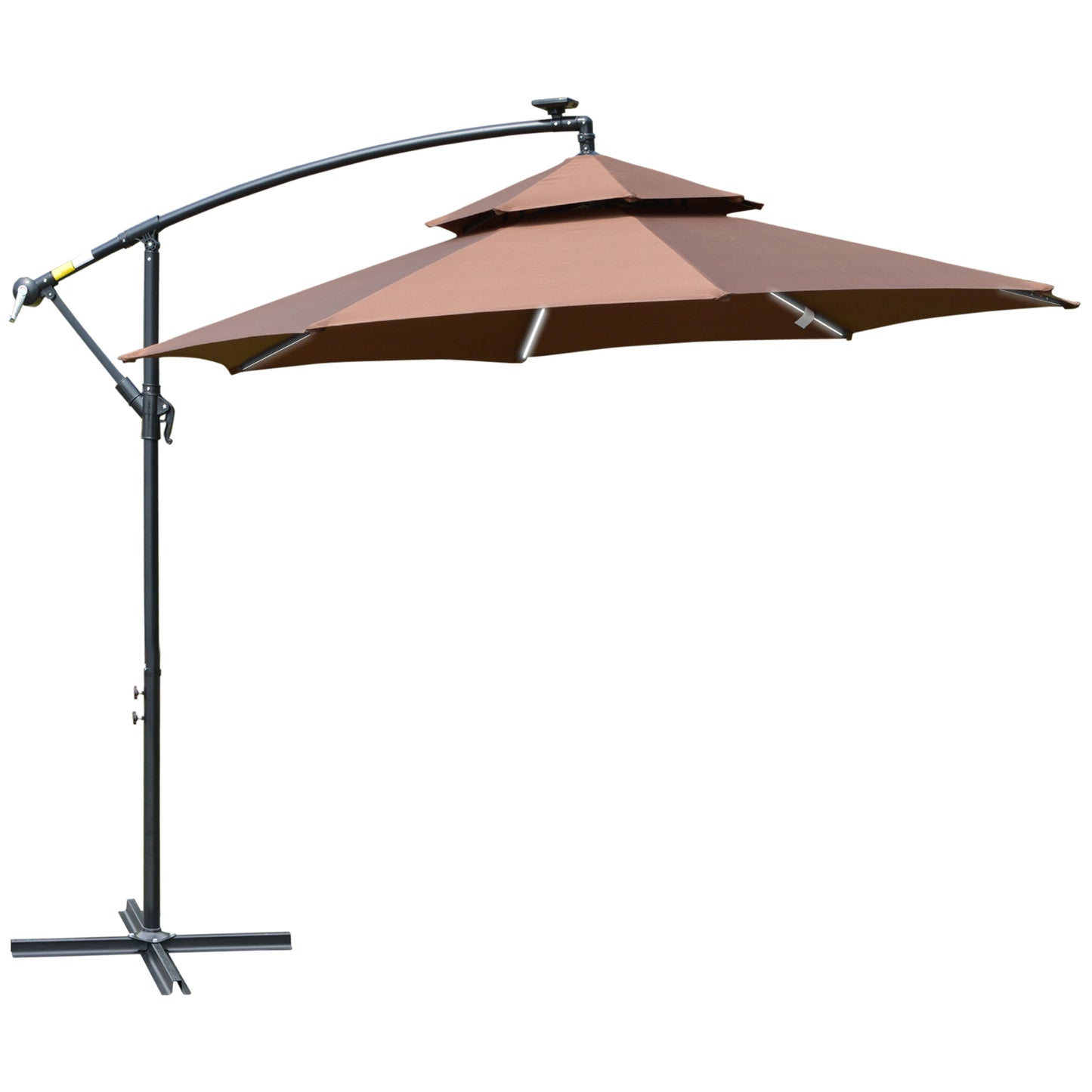 Outsunny 3(m) Cantilever Parasol Banana Hanging Umbrella with Double Roof, LED Solar lights, Crank, 8 Sturdy Ribs and Cross Base for Outdoor, Coffee - OutdoorBox