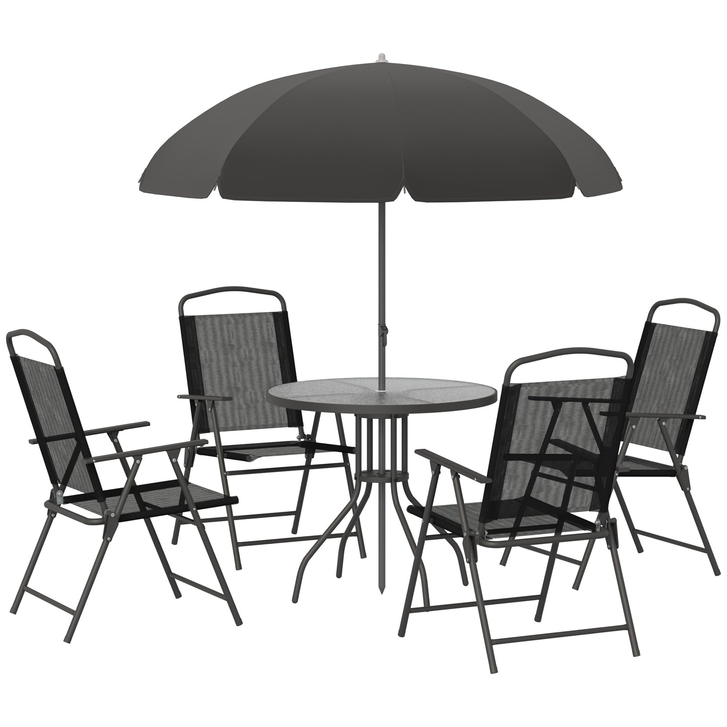 Outsunny 6 PCs Garden Patio Furniture Set Bistro Set Texteline Folding Chairs +Table +Parasol (Black) - OutdoorBox
