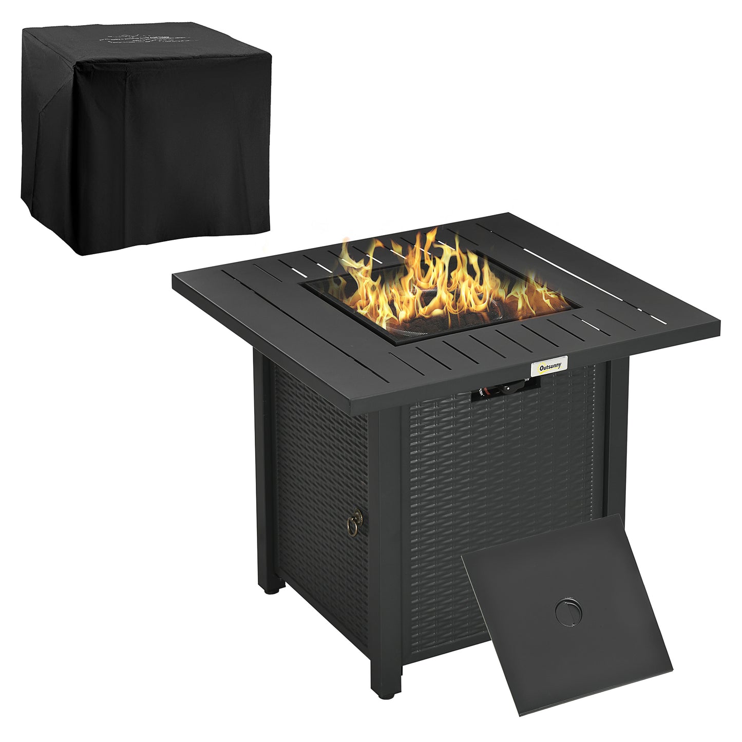 Outsunny Rattan-style Propane Gas Fire Pit Table with 50,000 BTU Burner, Square Smokeless Firepit Patio Heater with Thermocouple, Waterproof Cover - OutdoorBox