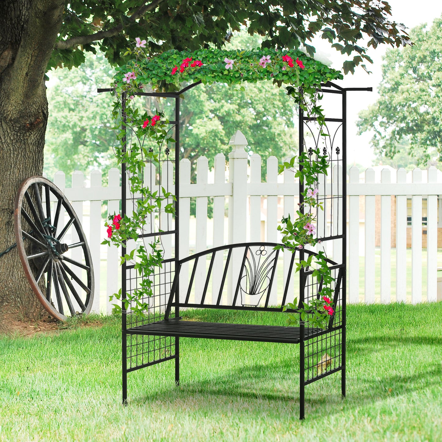 Outsunny Garden Metal Arch Arbour with Bench Love Seat Chair Outdoor Patio Rose Trellis Pergola Climbing Plant Archway Tubular - 154L x 60W x 205Hcm - OutdoorBox