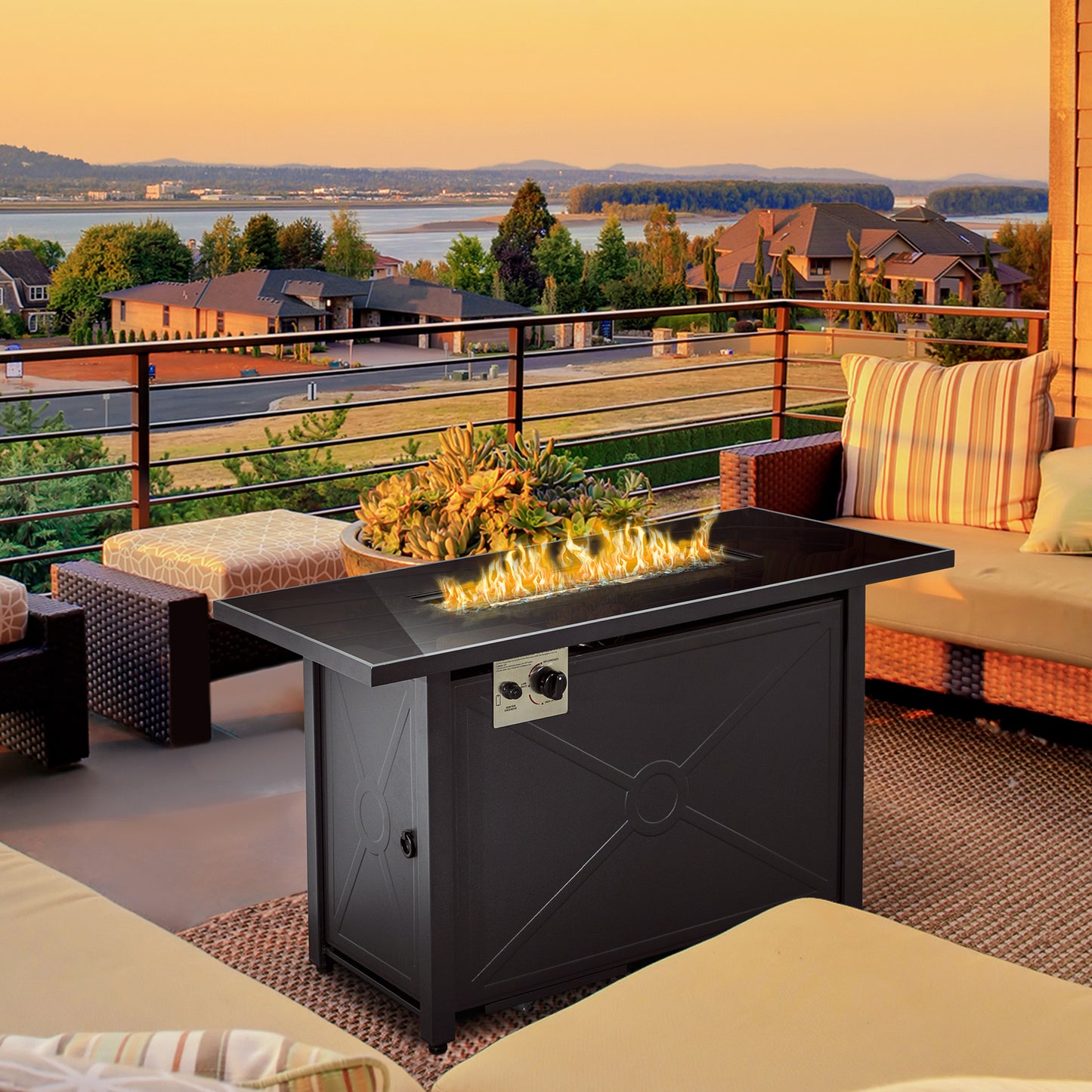 Outsunny Propane Gas Fire Pit Table, 50000BTU Smokeless Firepit Outdoor Patio Heater with Tempered Glass Tabletop, Cover, 109cm x 56cm x 64cm, Black - OutdoorBox