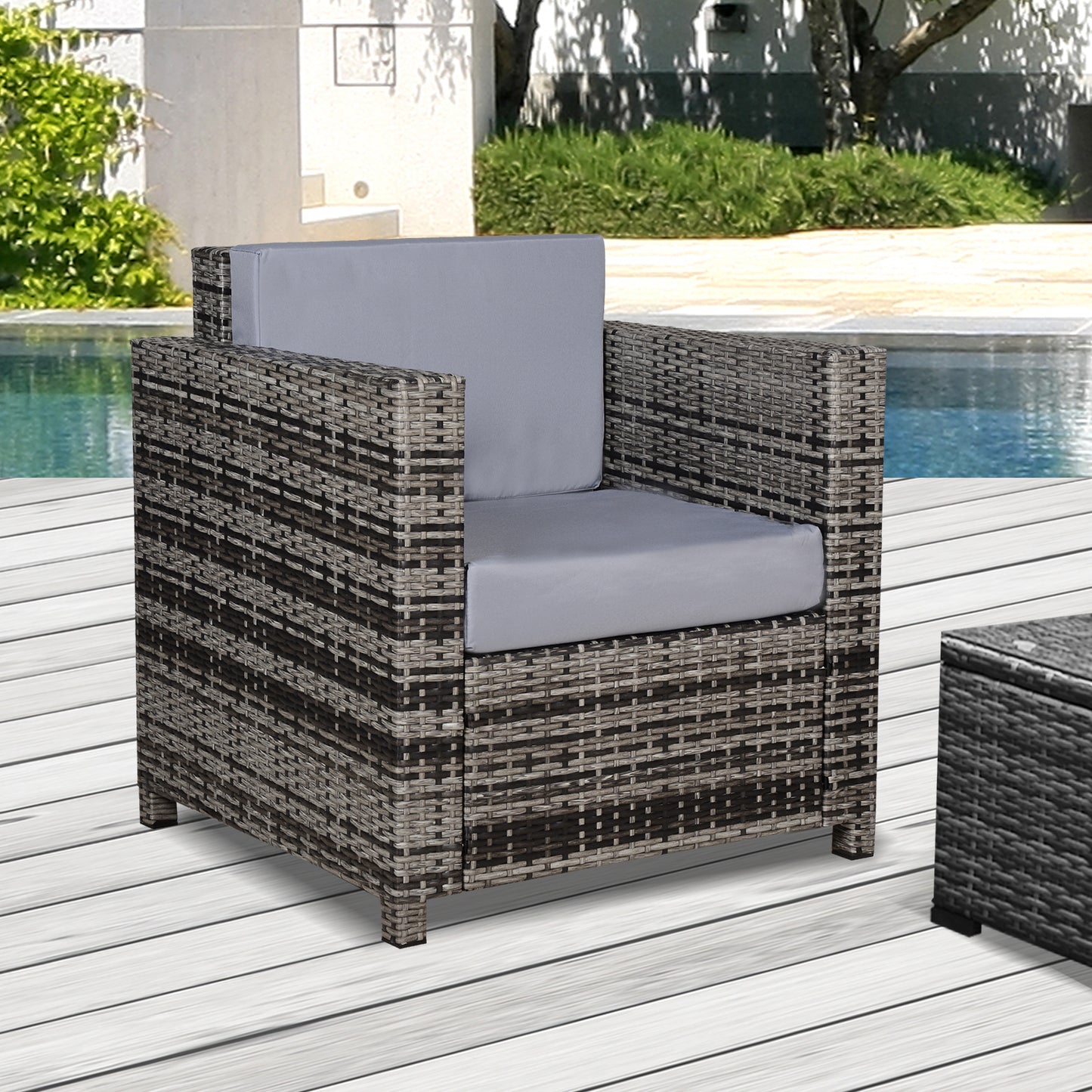 Outsunny 1 Seater Rattan Garden Chair All-Weather Wicker Weave Single Sofa Armchair with Fire Resistant Cushion - Grey - OutdoorBox
