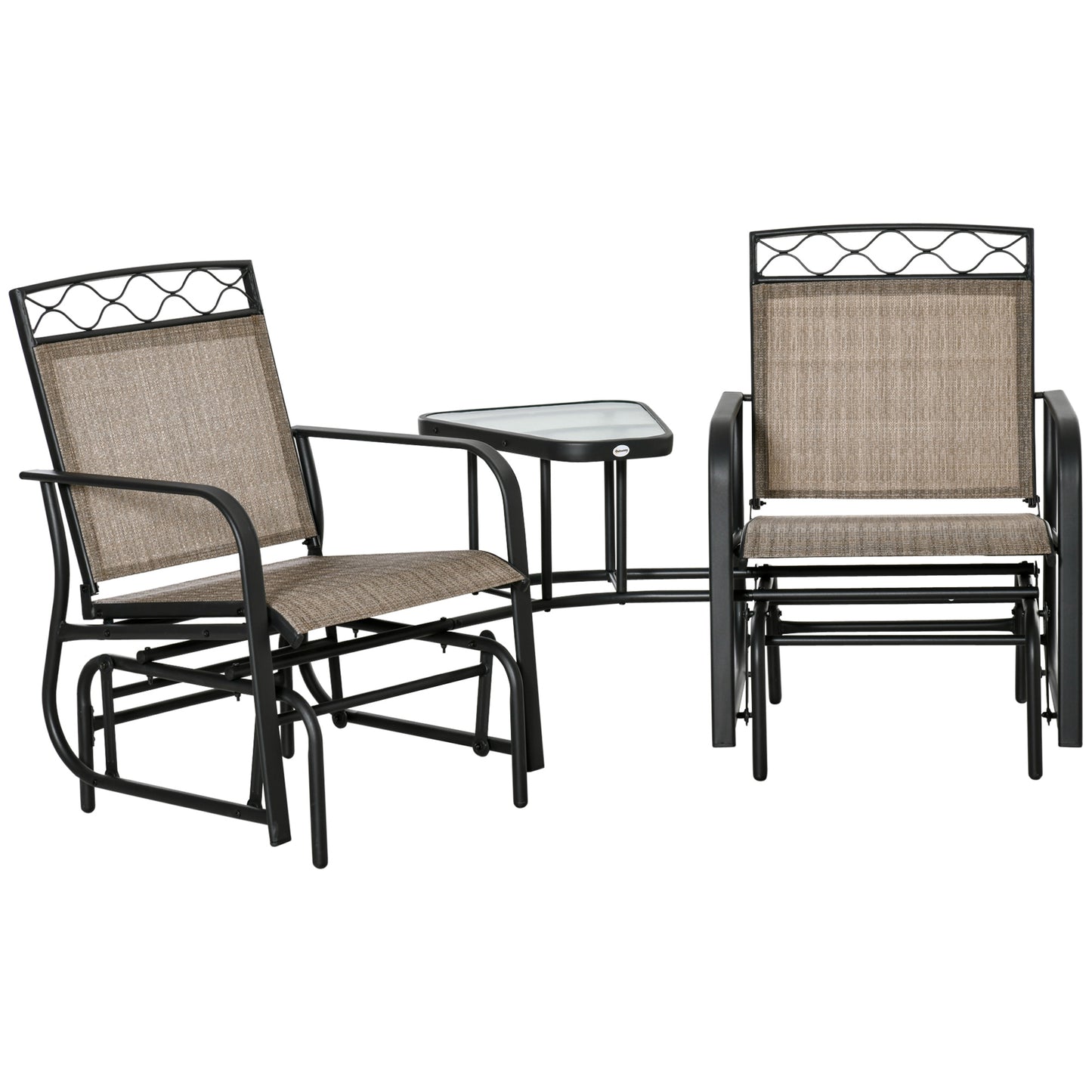 Outsunny Double Outdoor Glider Chair, 2 Seater Patio Rocking Chairs, Swing Bench w/ Tempered Glass Table, Mesh Fabric for Backyard, Garden, Brown - OutdoorBox