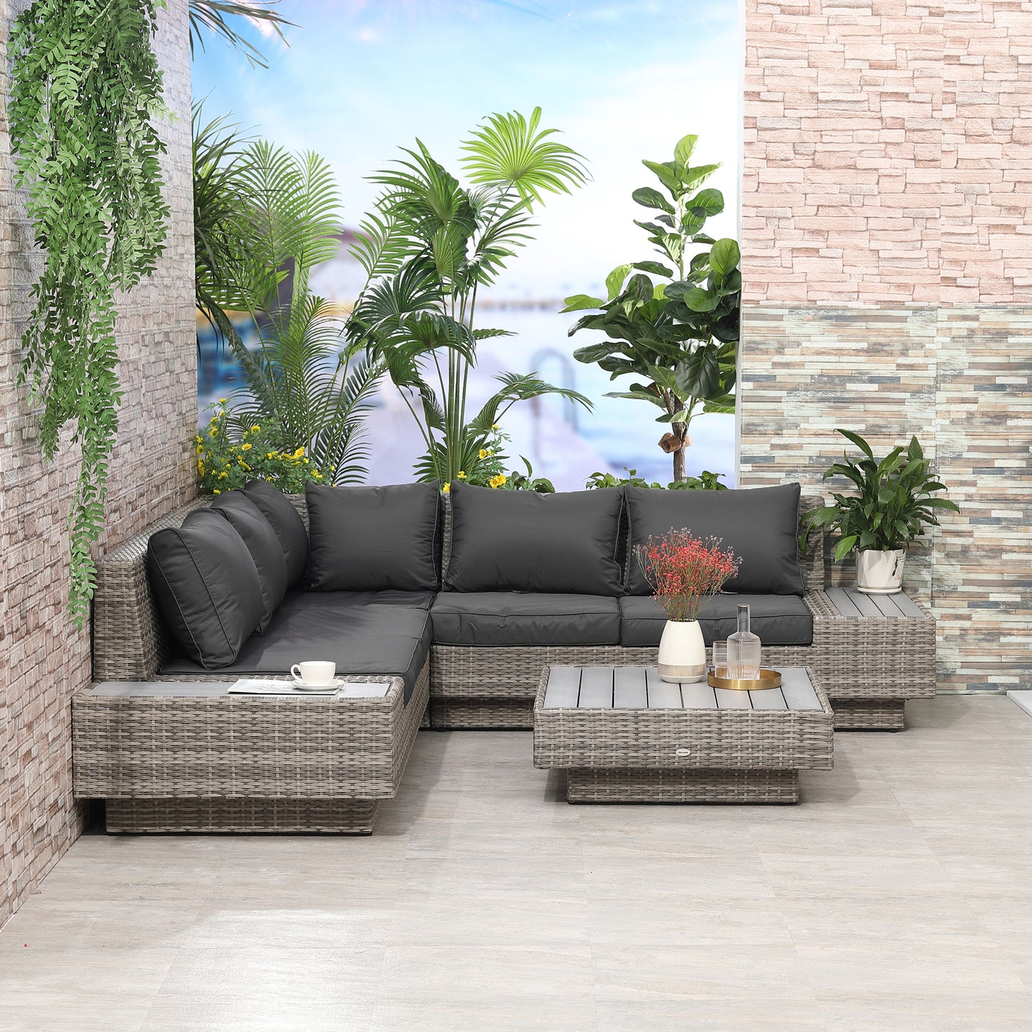 Outsunny 5-Seater Rattan Garden Furniture Outdoor Sectional Corner Sofa and Coffee Table Set Conservatory Wicker Weave w/ Armrest Cushions, Light Grey