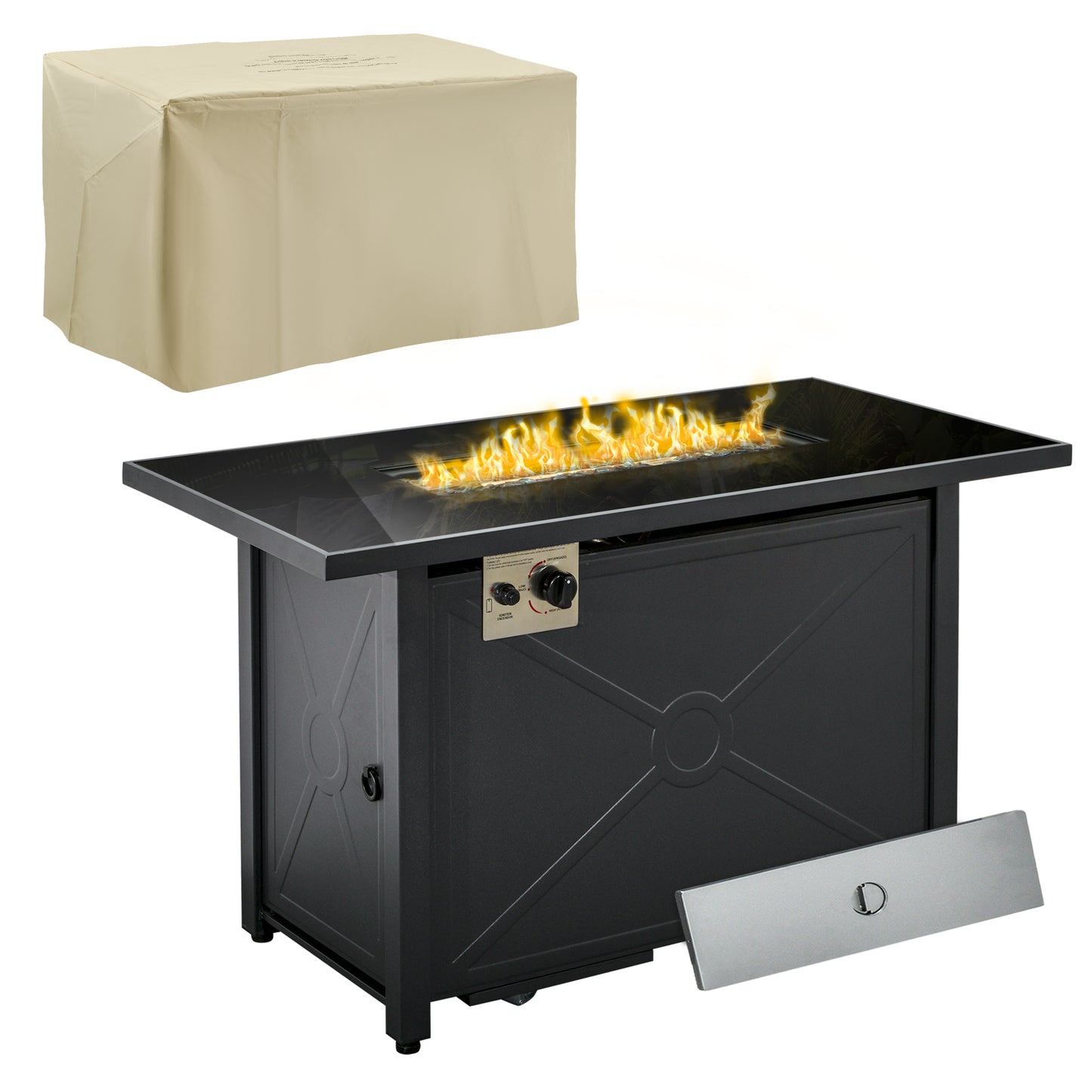 Outsunny Propane Gas Fire Pit Table, 50000BTU Smokeless Firepit Outdoor Patio Heater with Tempered Glass Tabletop, Cover, 109cm x 56cm x 64cm, Black - OutdoorBox