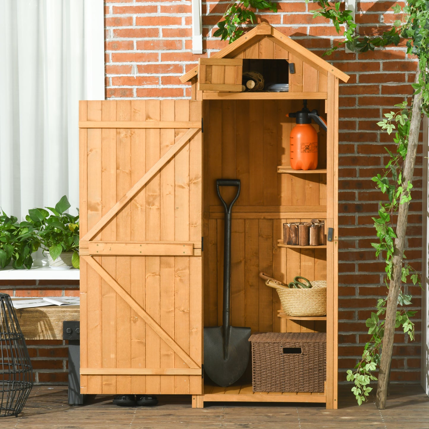 Outsunny Wooden Garden Storage Shed Vertical Tool Cabinet Organiser w/ Shelves, Lockable Door, 77 x 54.2 x 179 cm, Brown - OutdoorBox