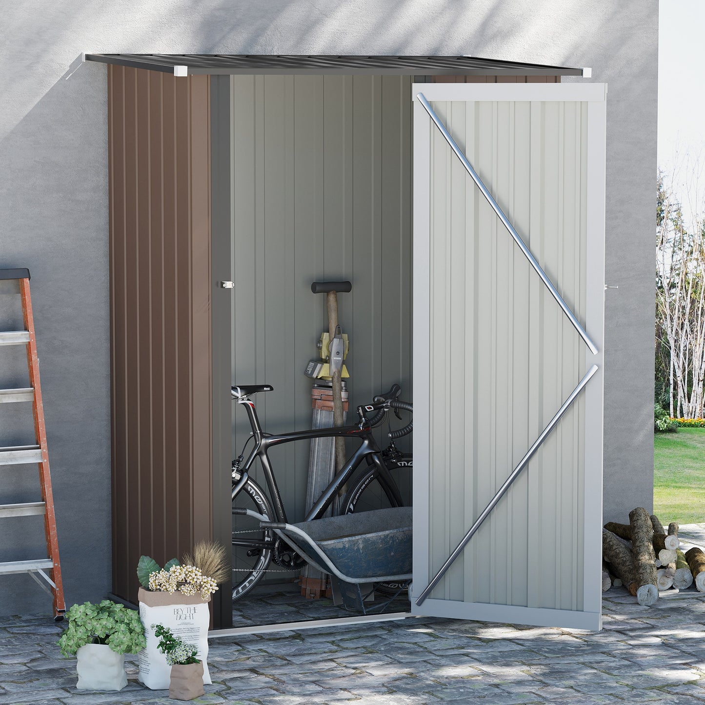Outsunny 5ft x 3ft Garden Metal Storage Shed, Outdoor Tool Shed with Sloped Roof, Lockable Door for Equipment, Bikes, Brown
