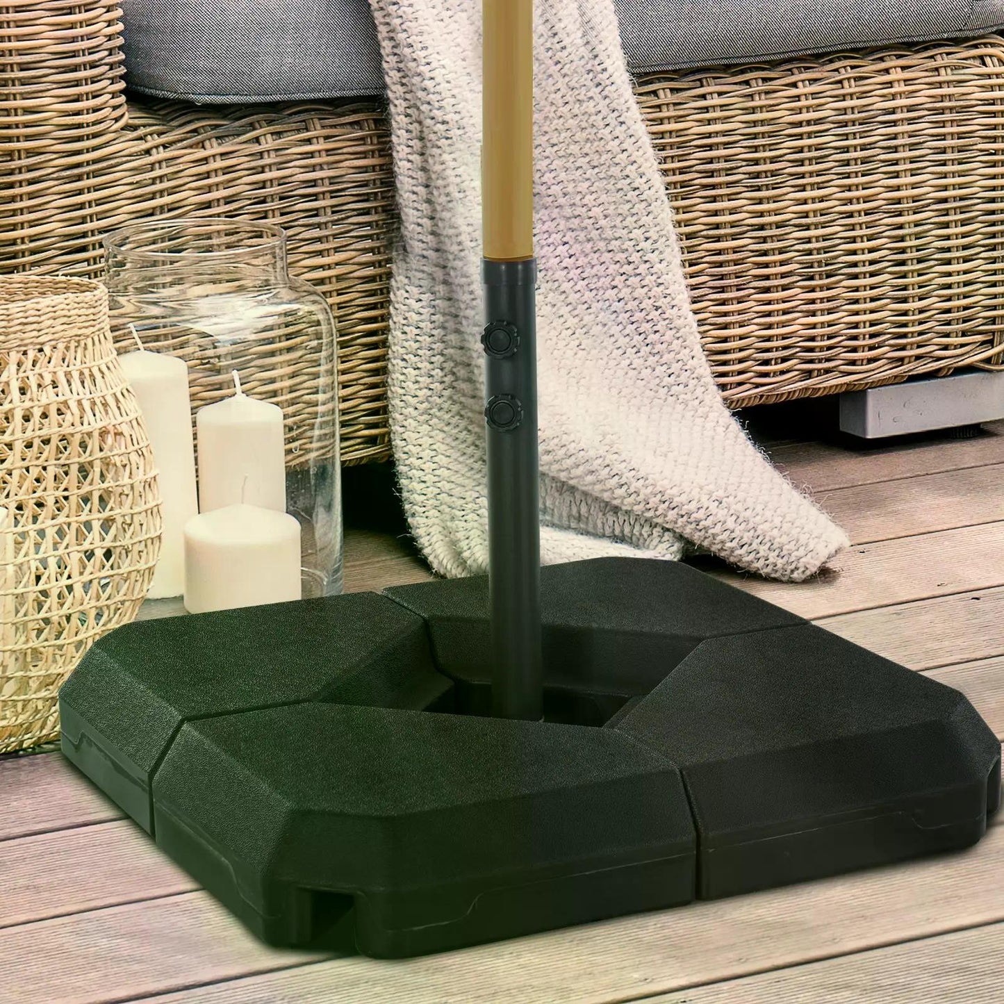 Outsunny 4PCs Fillable Parasol Base w/ Steel Cross Base Garden Umbrella Stand Weight Umbrella Sand Water Plastic Black - OutdoorBox