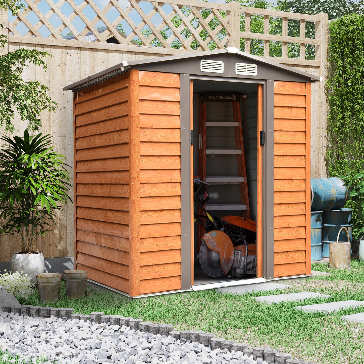 Outsunny 6 x 5 ft Garden Storage Shed Apex Store for Gardening Tool with Foundation and Ventilation, Brown - OutdoorBox