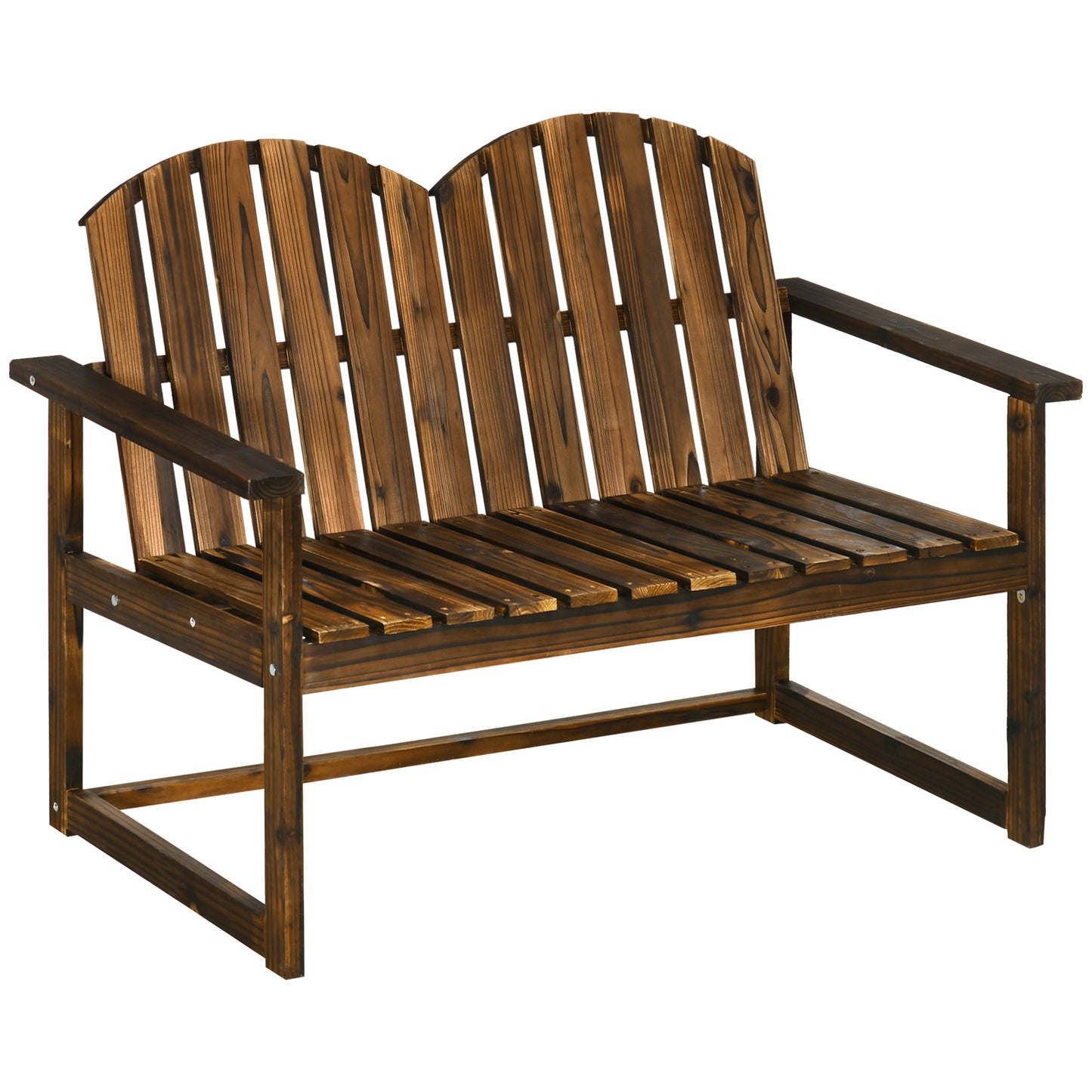 Outsunny Outdoor Wooden Garden Bench, Patio Loveseat Chair with Slatted Backrest and Smooth Armrests for Two People, for Yard Lawn Carbonised Finish - OutdoorBox
