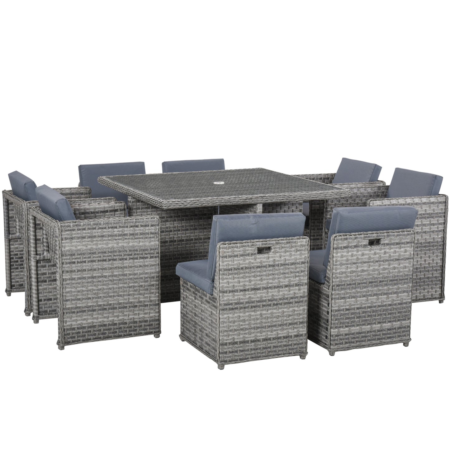 Outsunny Patio 8-Seater Rattan Dining Table Chair Set Garden Wicker Cube Sofa Furniture w/ Umbrella Hole Table for Indoor & Outdoor Mixed Grey - OutdoorBox