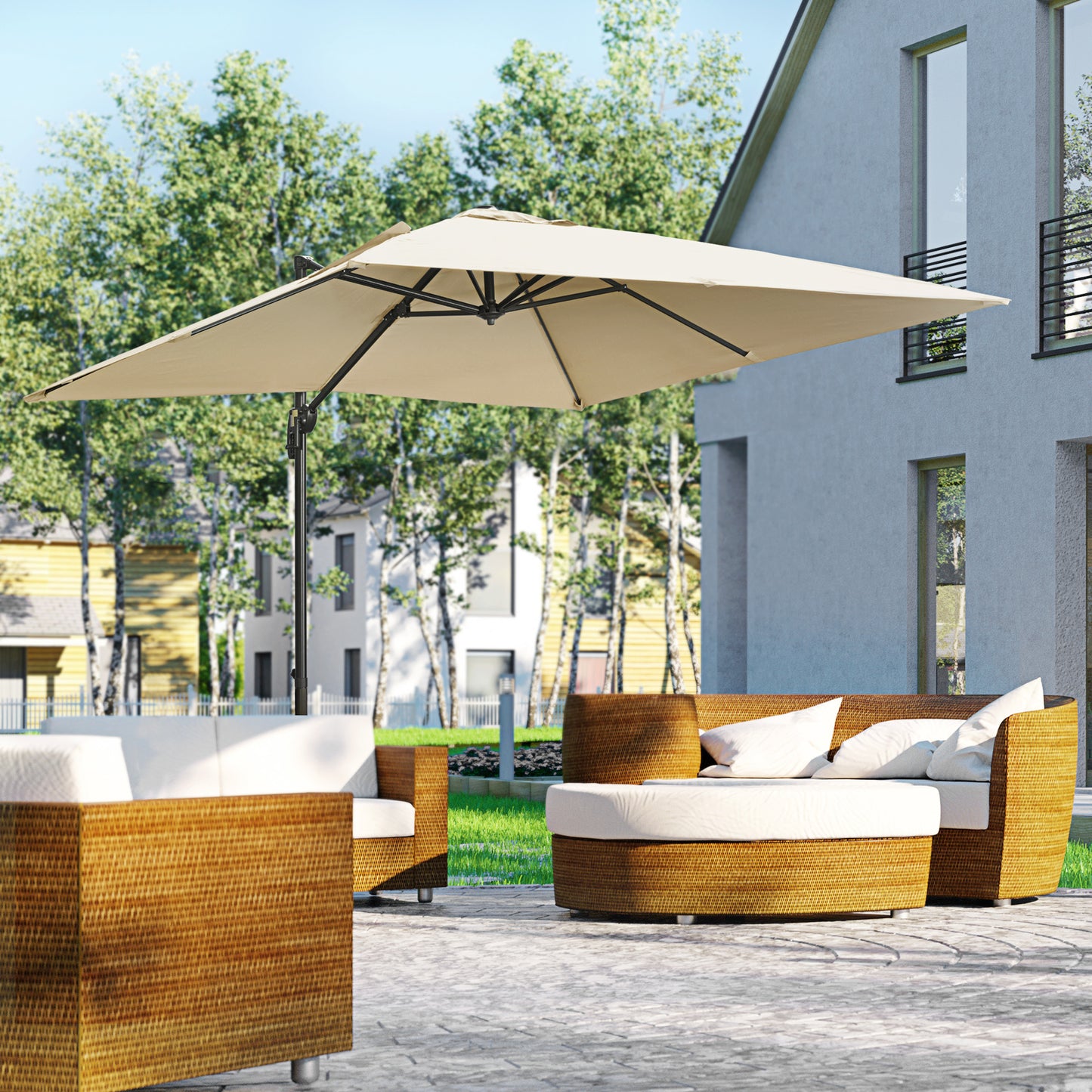 Outsunny 2.7 x 2.7 m Cantilever Parasol, Square Overhanging Umbrella with Cross Base, Crank Handle, Tilt, 360� Rotation, Aluminium Frame, Cream White