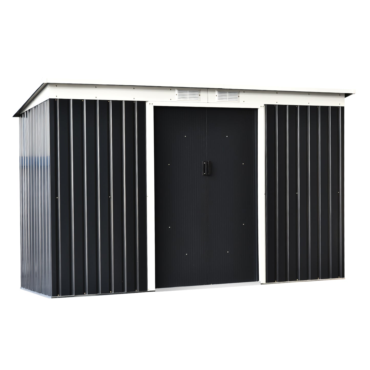 Outsunny 9 x 4 ft Metal Garden Storage Shed Patio Corrugated Steel Roofed Tool Box with Base, Kit Ventilation and Doors, Dark Grey - OutdoorBox