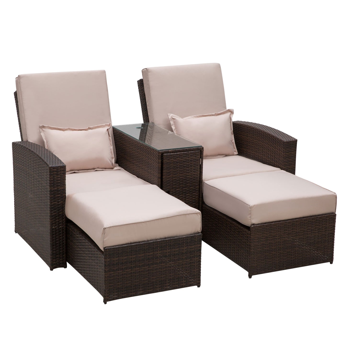 Outsunny Outdoor Garden Rattan Companion Sofa Chair & Stool Lounger Recliner Love Sunbed Daybed Patio Wicker Weave Furniture Set Assembled Brown - OutdoorBox